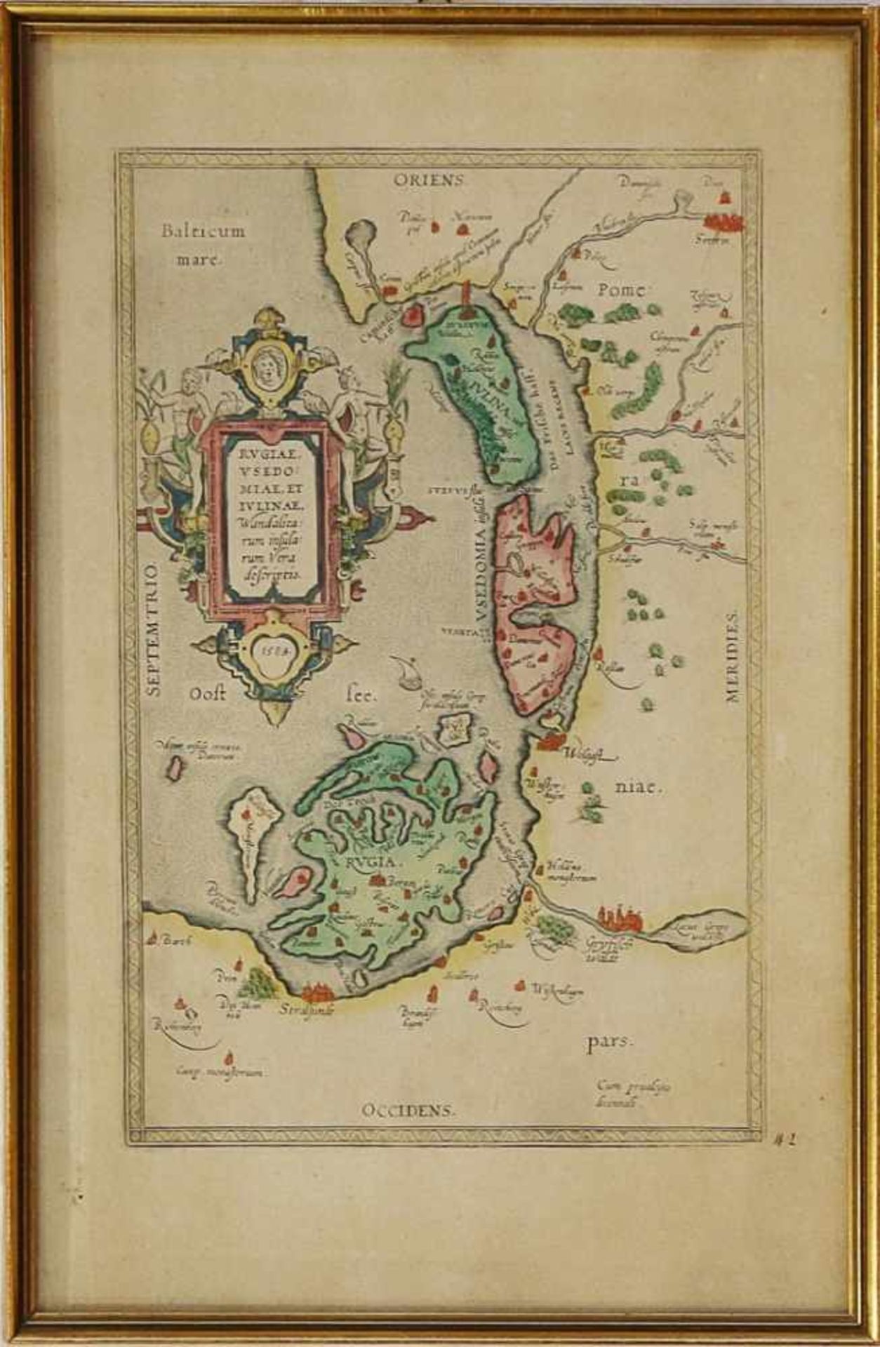 Karte - Ostsee dat. 1584, Kupferstichkarte Ostsee, teilkoloriert m. Titelkartusche, min. gebräunt,