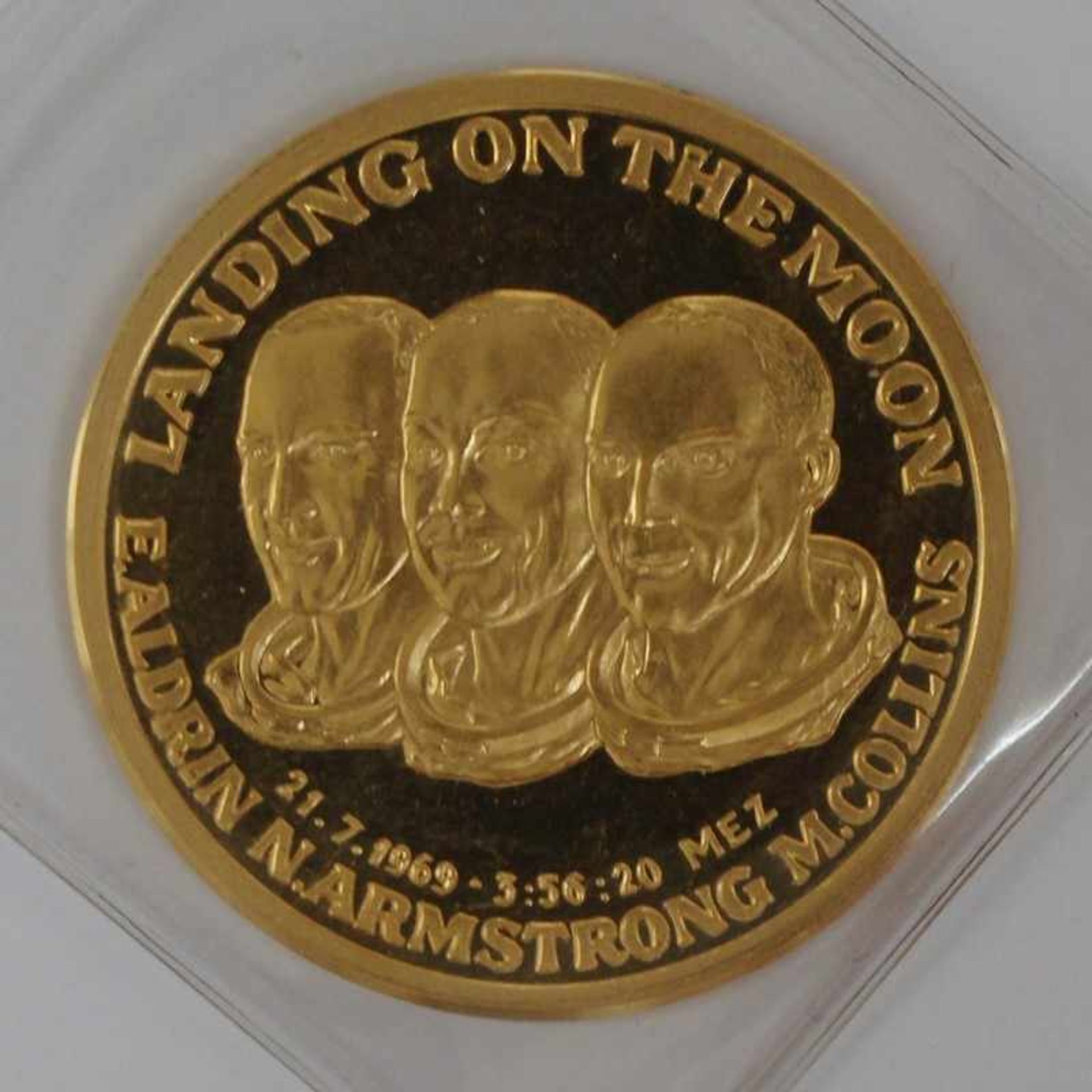 Gold Medaille 1969 1. Mondlandung 1969, Collins, Aldrin, Armstrong, gest. HH 999,9, D 3,4 cm, G 15,