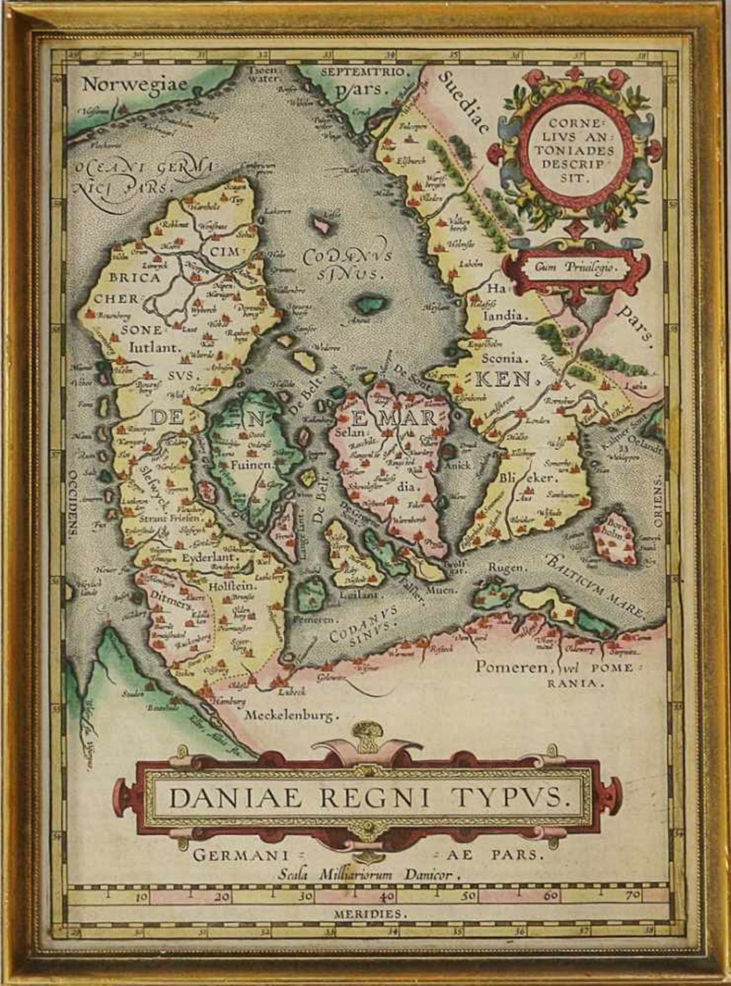 Karte - Dänemark 18. Jh., Kupferstichkarte, "Daniae Regni Typus", teilkoloriert, m. Maßlegende,