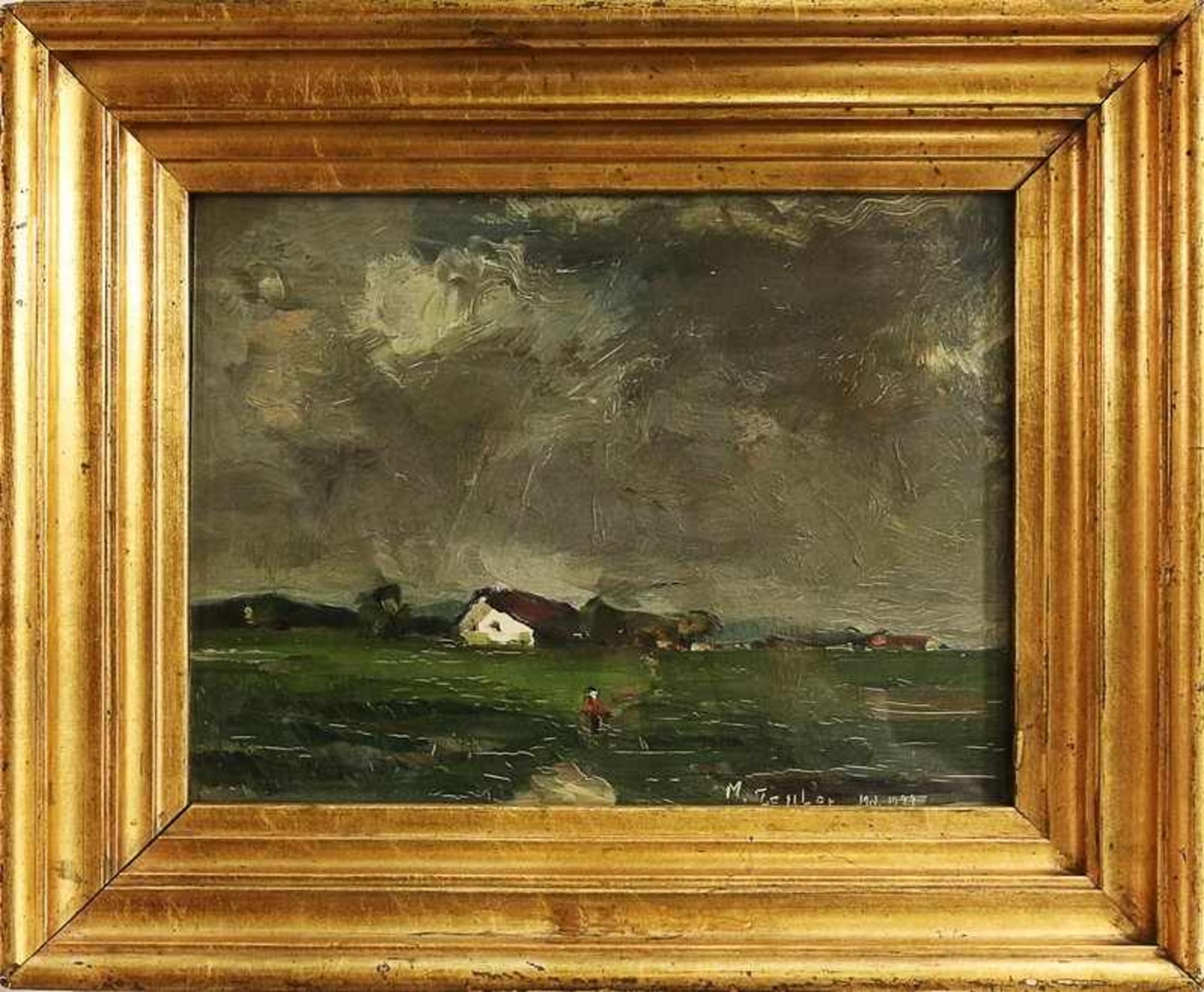 Zeuler, M. "Landschaft bei aufziehendem Sturm", Öl/Platte, stimmungsvolle Farbpalette, rascher