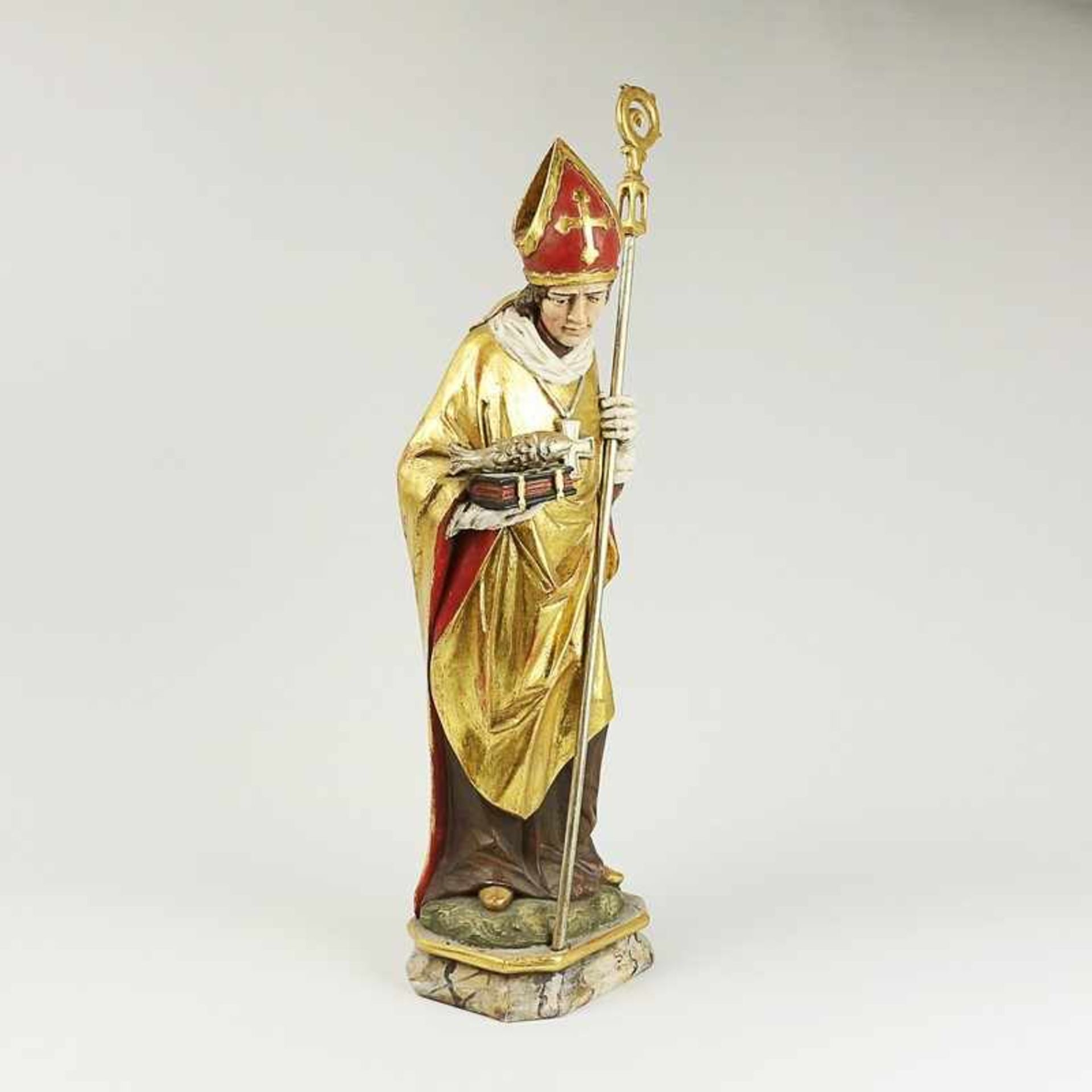 Holzfigur nzl., vollplastische Holzschnitzerei, polychrom gefasst u. goldstaff., Figur von Bischof