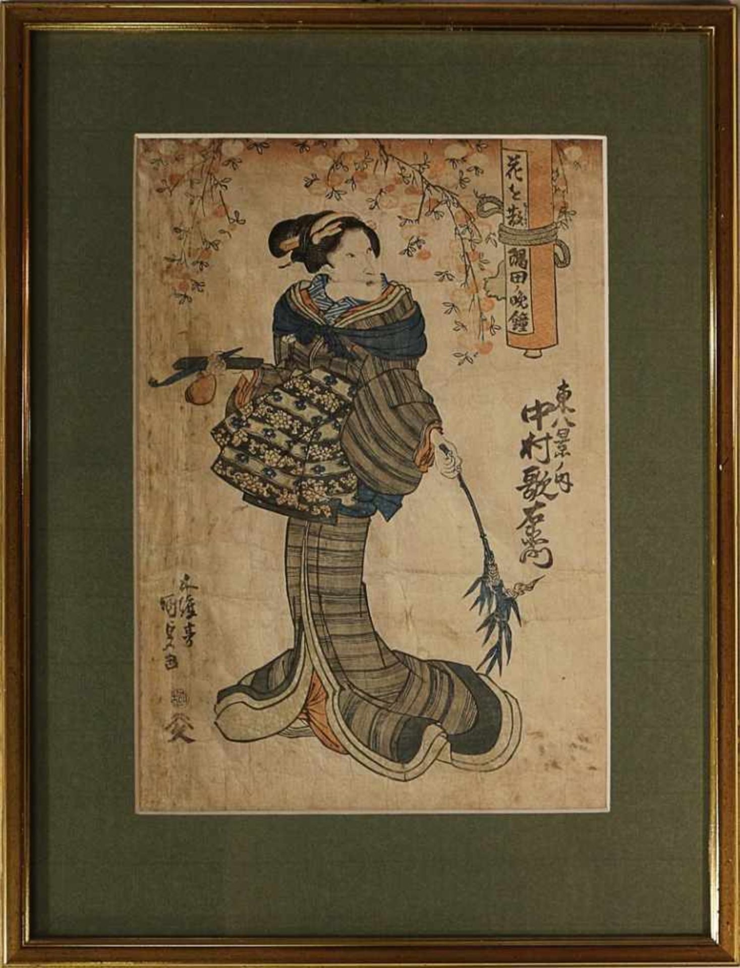 Holzschnitt - Japan wohl Kunisada, Utagawa, 1786 - 1865, Kurtisane in reichem Gewand u. Bambuszweig,