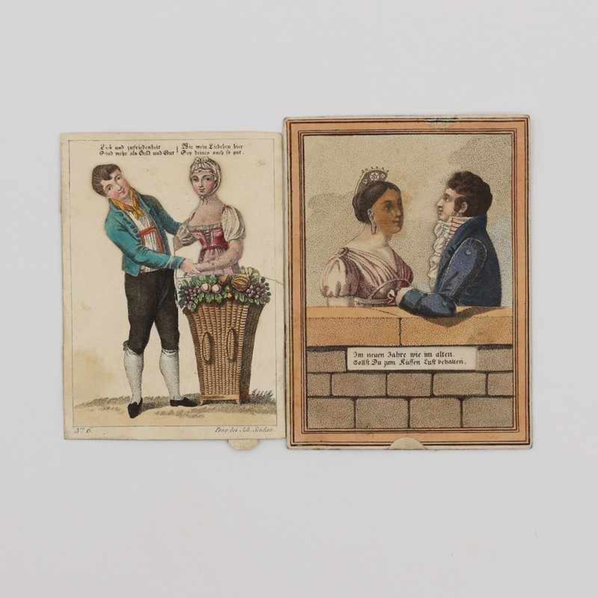 Ziehbillet - Zwei Stück um 1830, Biedermeier, "Pärchen", Kupferstichkarten/Ziehbilder,