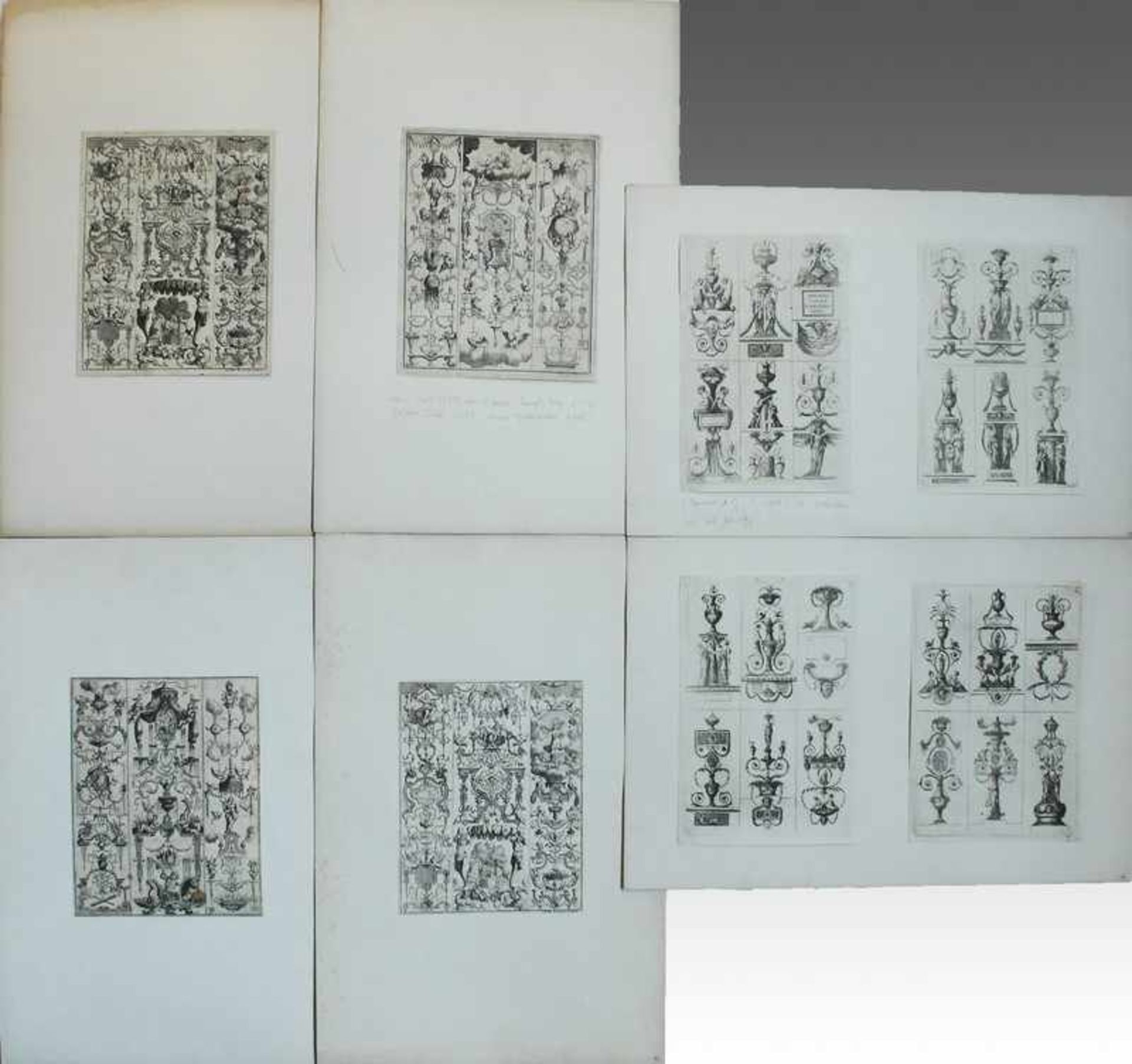 Arabesken/Grotesken - Konvolut 18. Jh., 8 St., beschnitten u. auf 6 Blätter gekl., Kupferstiche,