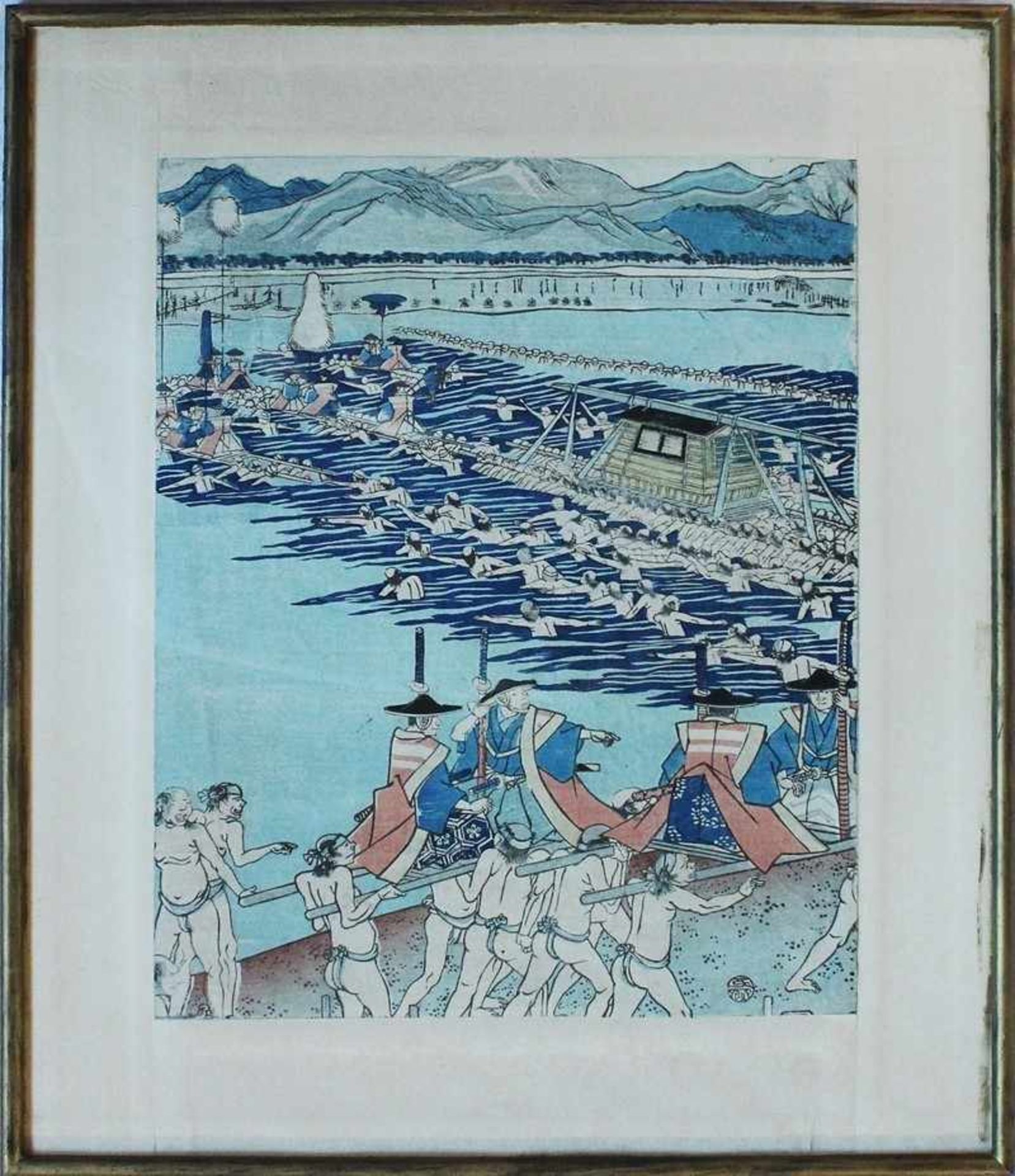 Hiroshige, Utagawa (Ando) 1797-1858, Farbholzschnitt, Arbeiter am Fluss vor einer Berglandschaft,
