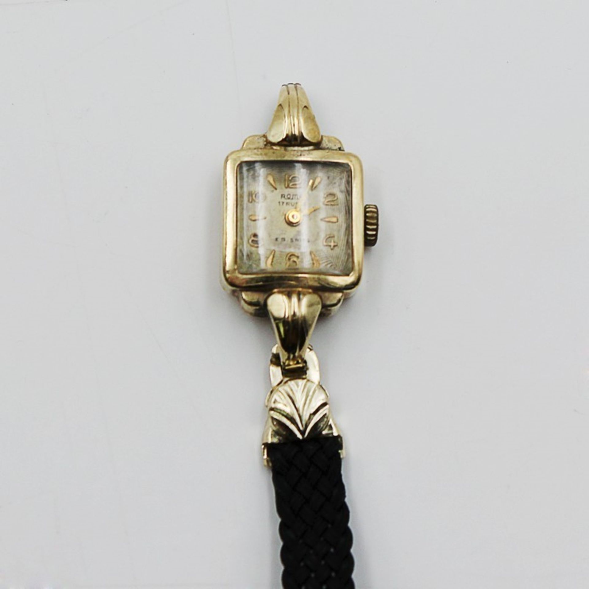 Damenarmbanduhr - Rome GG 585, quadr. Gehäuse, ca.1,4 x 1,4cm, goldfarbenes Zifferblatt, aufgesetzte