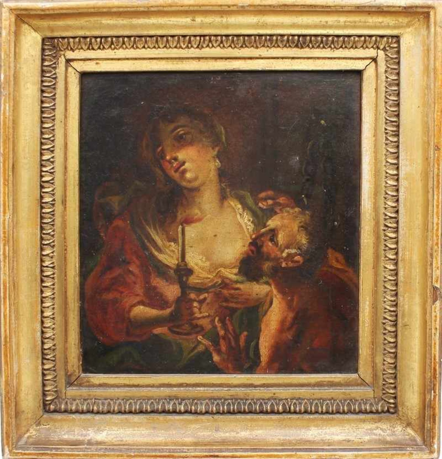 Unsigniert 18./19. Jh., "Erotische Szene mit Jungfrau und Greis im Kerzenschein", Caritas Romana