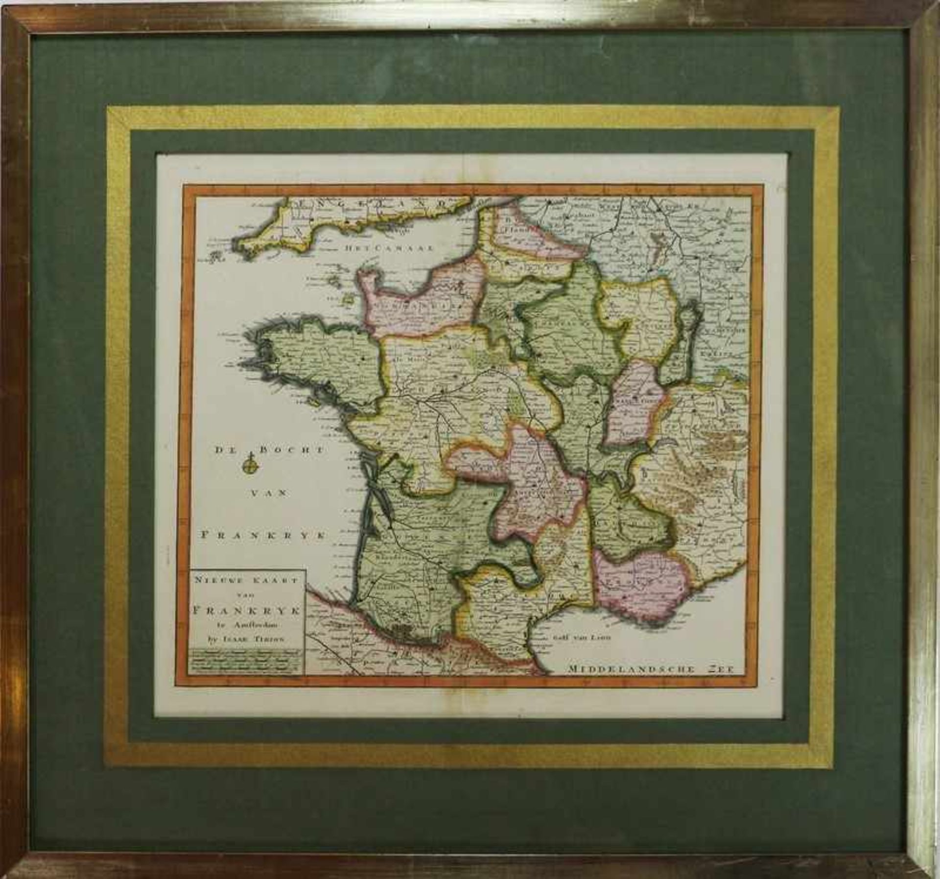 Karte - Tirion, Isaak 18. Jh., "Nieuwe Kaart van Frankryk te Amsterdam", Kupferstich, teilkoloriert,