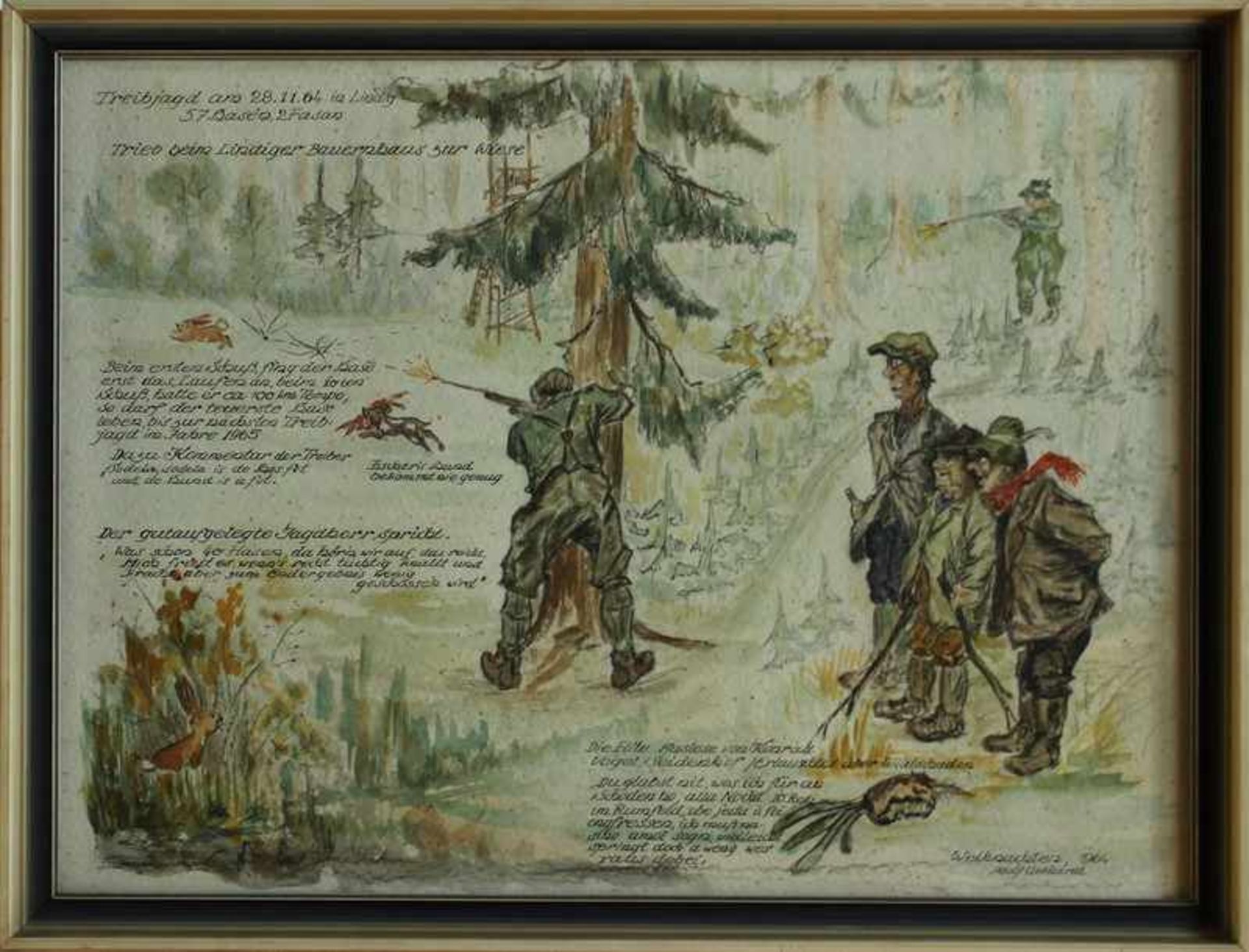 Gebhardt, Adolf "Jagdszene im Wald", bez. "Treibjagd am 28.11.64 in Lindig, 57 Hasen, 2 Fasan -
