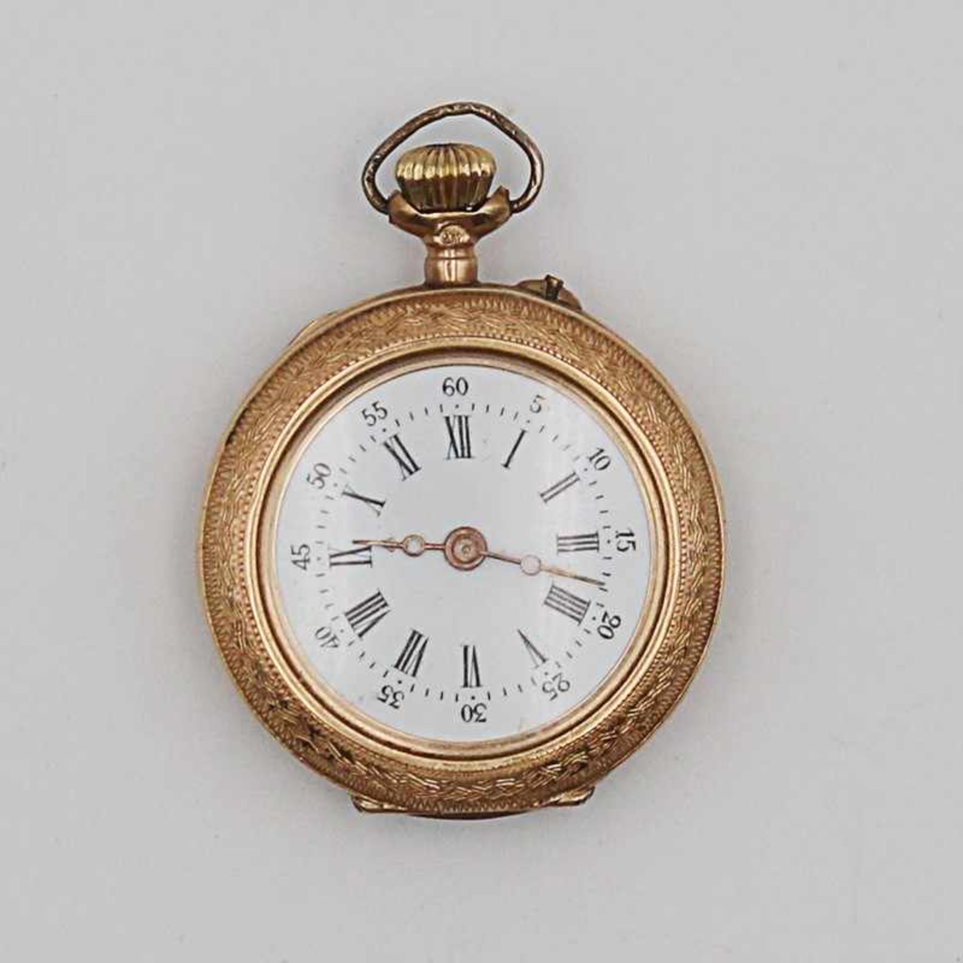 Damentaschenuhr GG 585, Lepine-Gehäuse, Dca.2,7cm, Lünette u. äußerer Staubdeckel floral graviert,