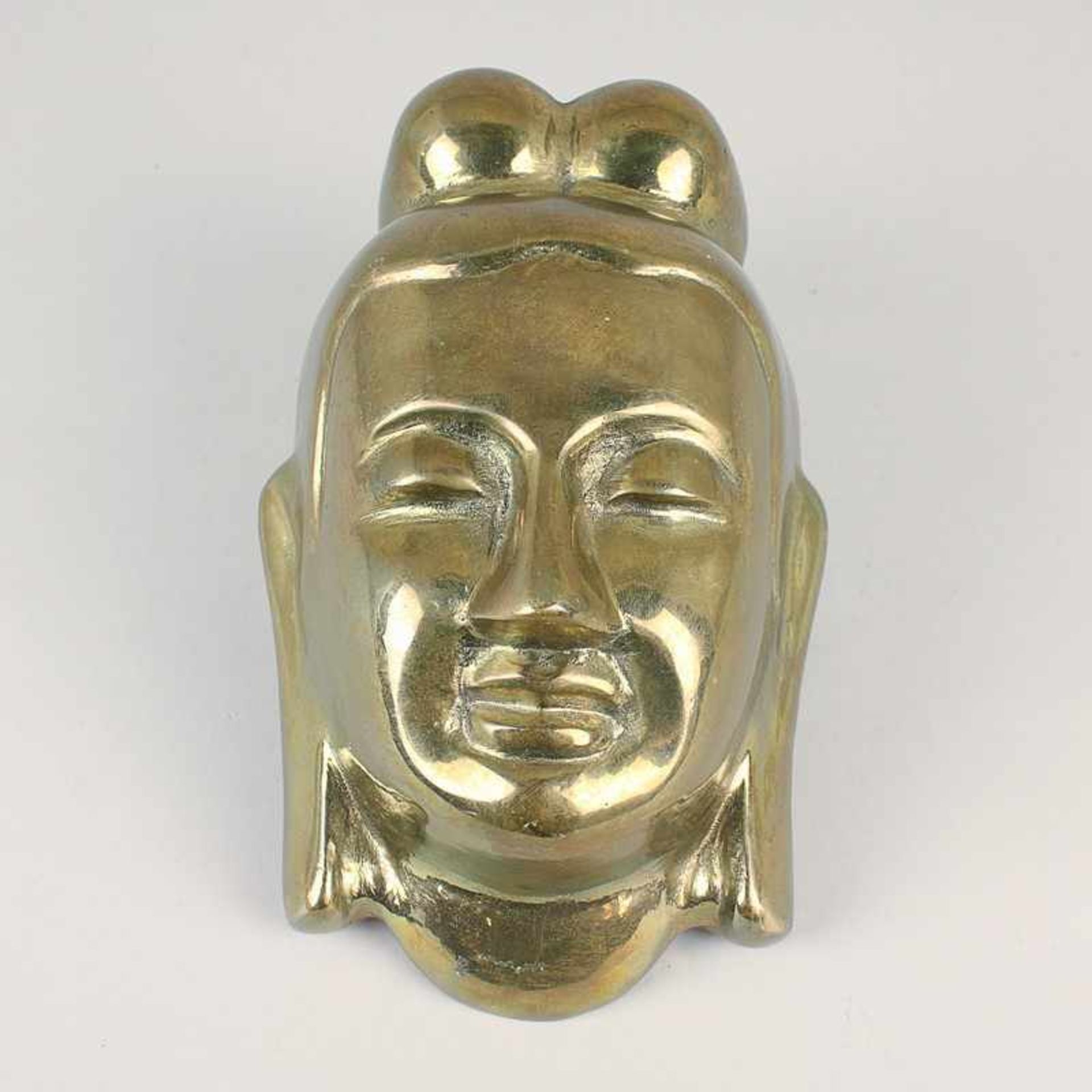 Giebelmaske 20.Jh., Messing, Antlitz eines Buddhas, min. Alterssp., H ca. 20cm