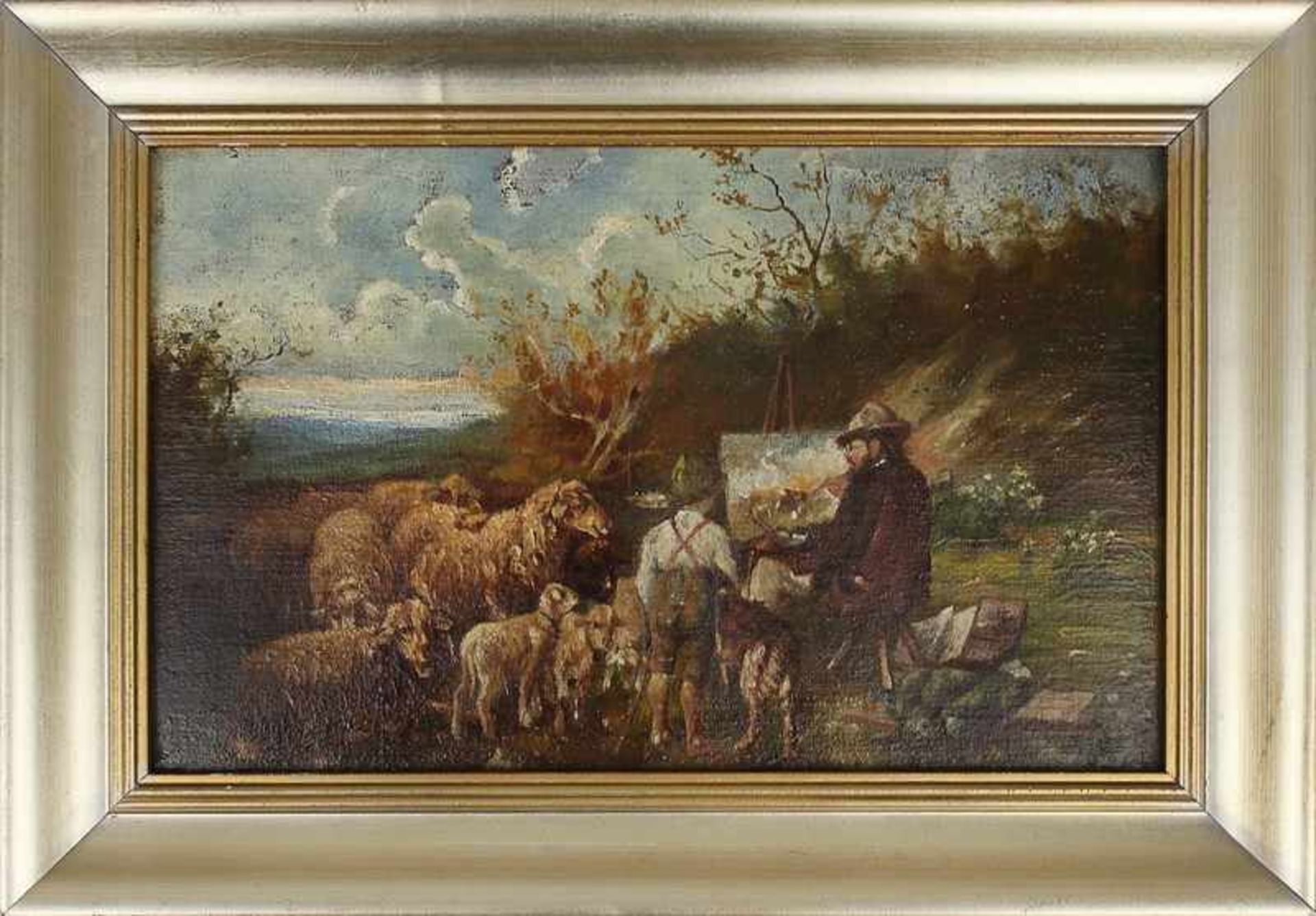 Perrot, Jean Baptist 19.Jh., "Landschaftsmaler mit Hirtenjungen und Schafsherde", Öl/Lwd./Malkarton,