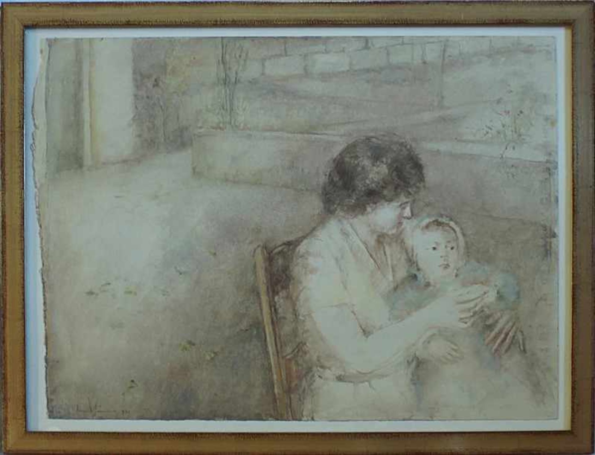 Jaume, Damia geb. 1948 Palma, spanischer Künstler, rs. auf Klebeetikett bez. "Mutter mit Kind",