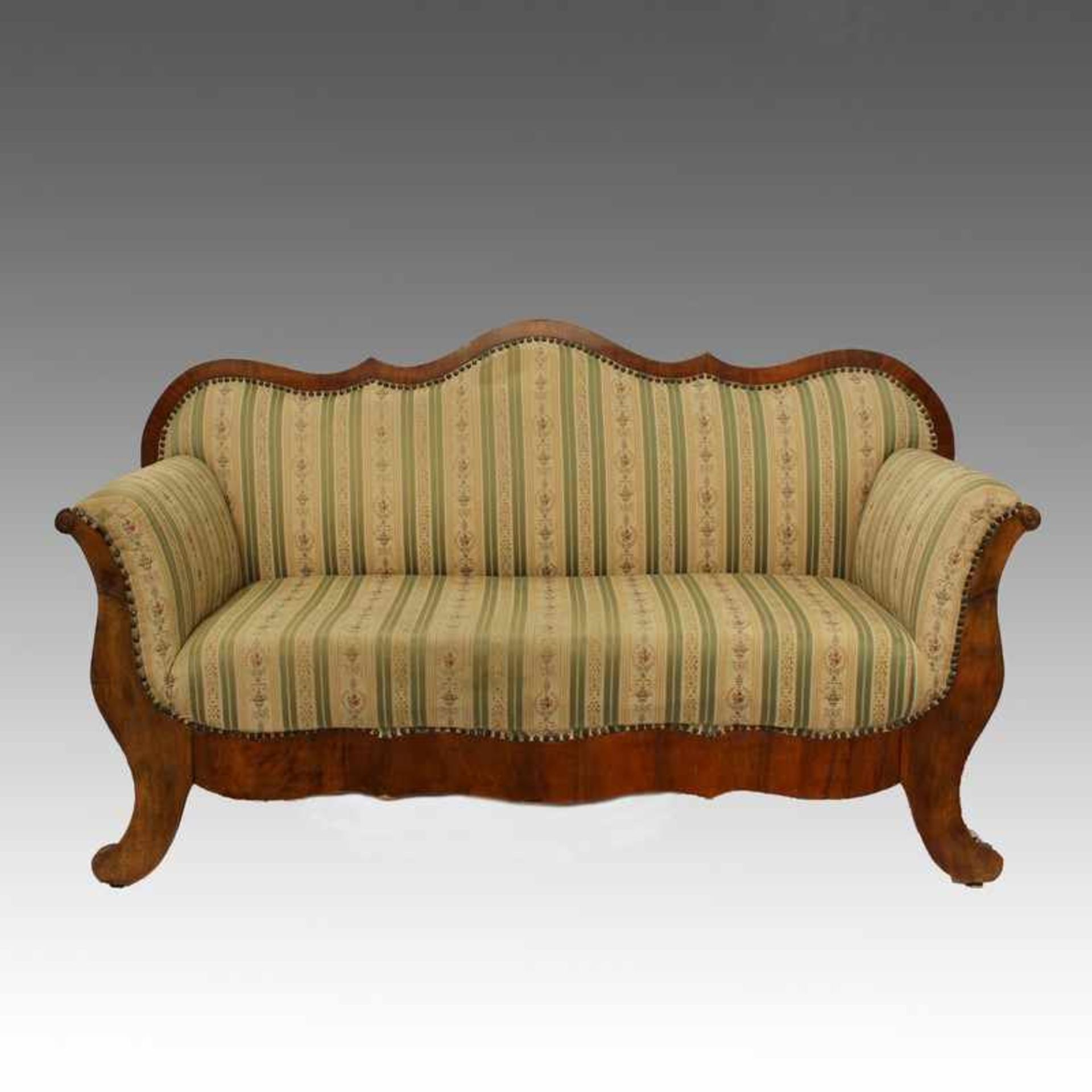 Biedermeier - Sofa um 1830, süddeutsch, Nussbaum furniert u. massiv, Volutenfüße, mehrfach
