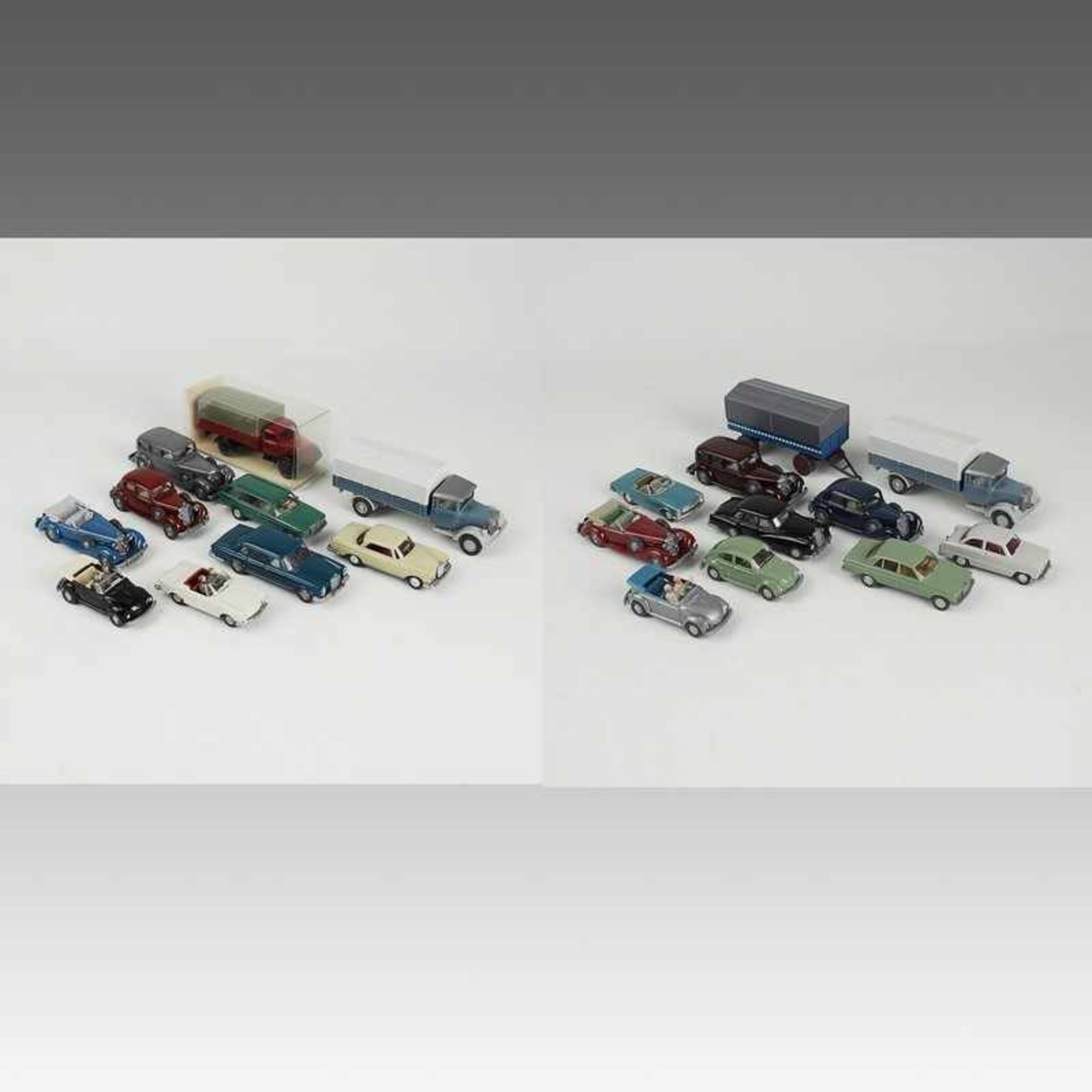 Wiking - Modellautos 20 T.; versch. Modelle, u.a. Mercedes LKW grau, LKW-Anhänger blau, Ford 12