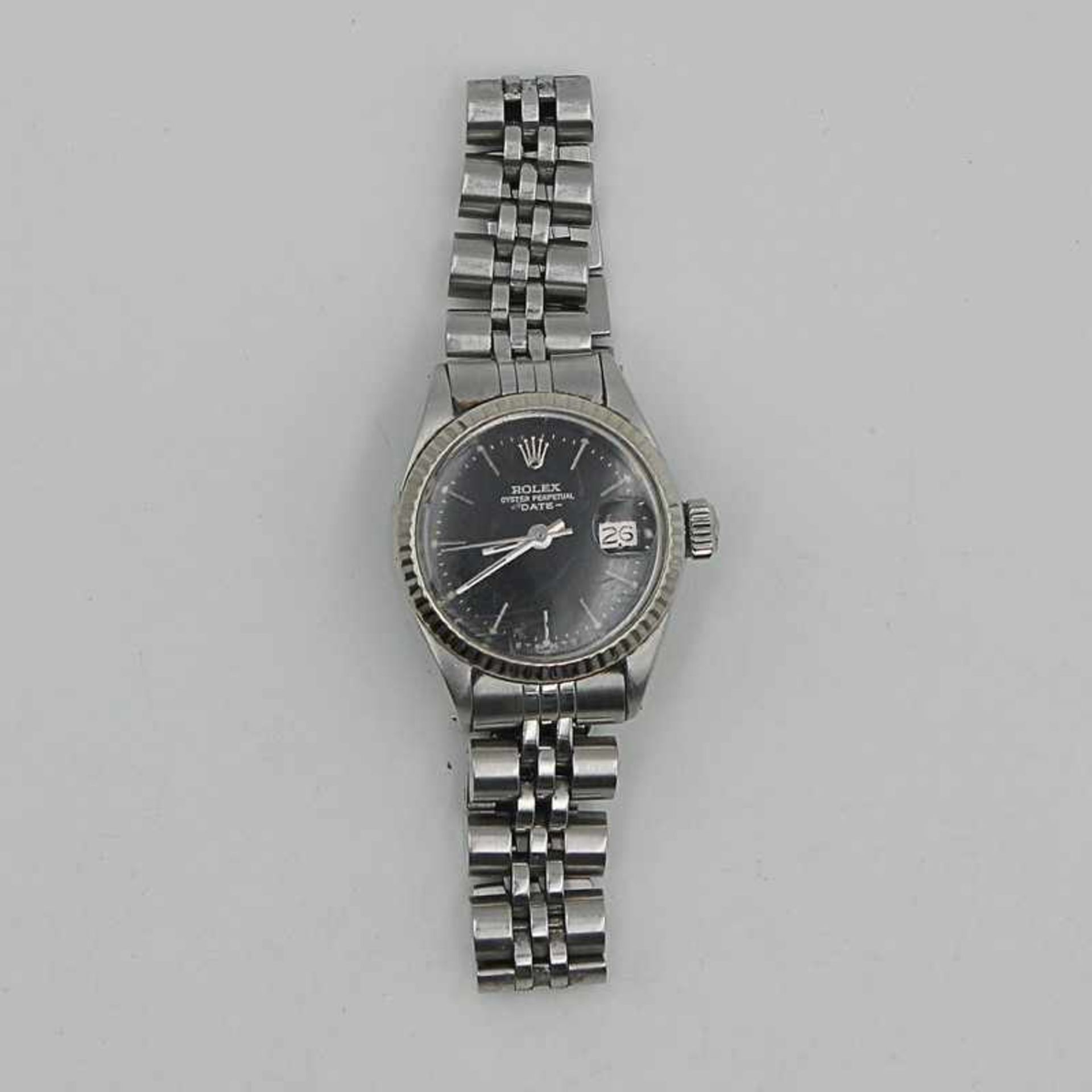 Damenarmbanduhr - Rolex Schweiz, Edelstahl, rundes Gehäuse, Dca.2,4cm, anthrazitfarbenes