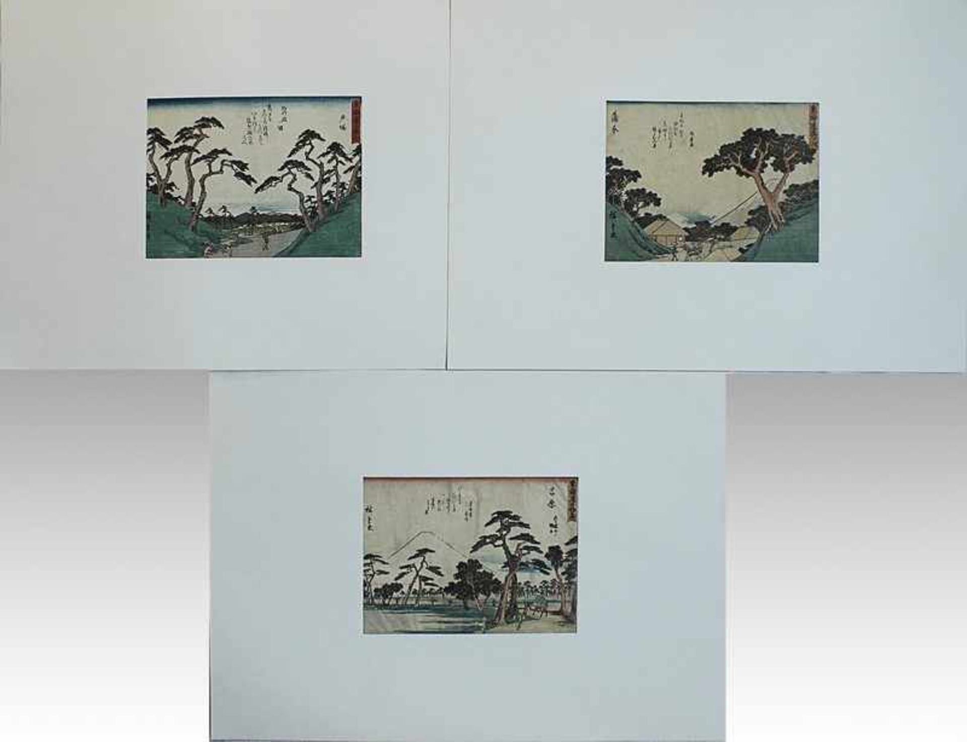 Hiroshige, Utagawa (Ando) 1797-1858, 3x Farbholzschnitte, Landschaftsdarstellungen m.