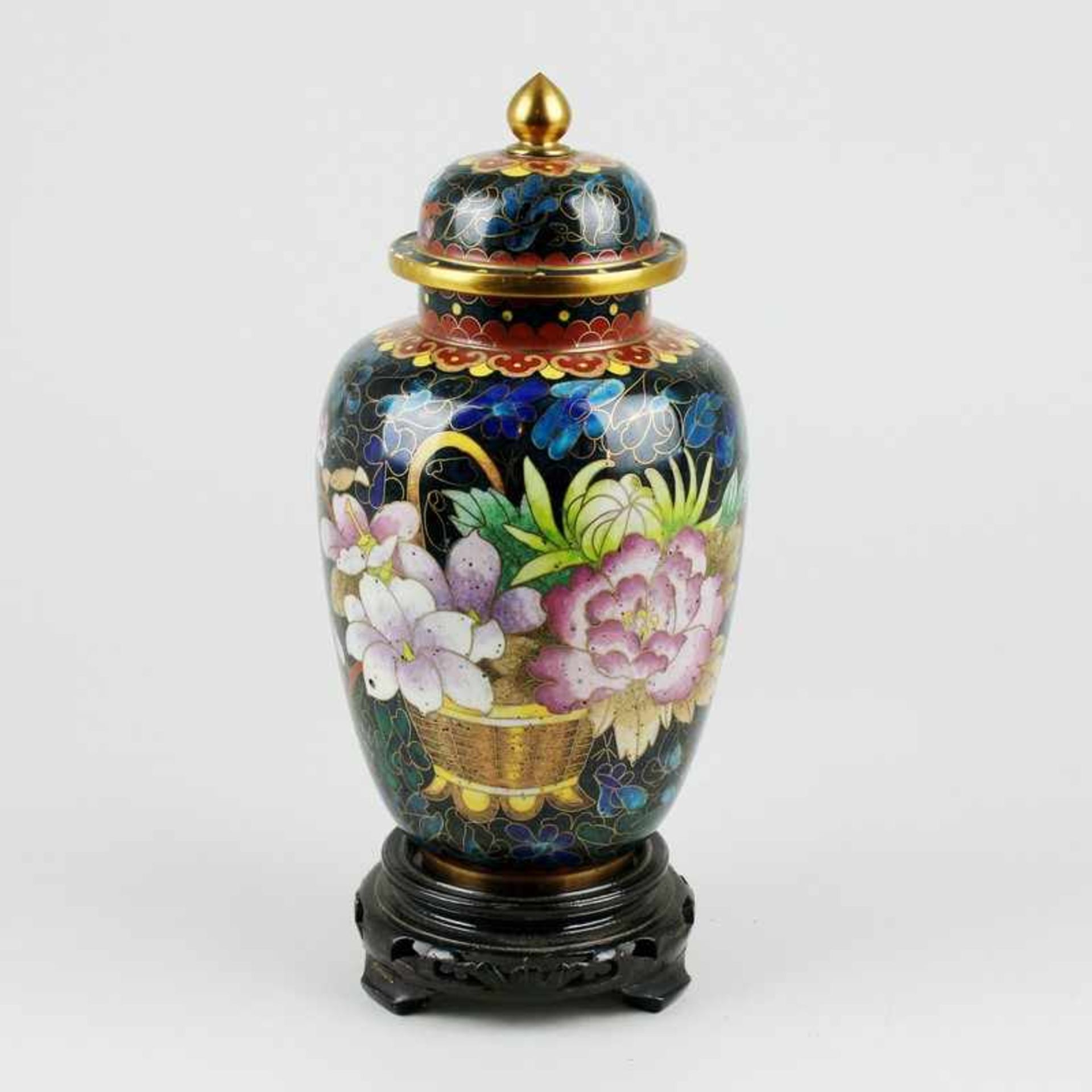 Deckelvase - Cloisonné 20.Jh., Metall, umlaufend polychromer Blumendekor, Ornamente, runder Stand,