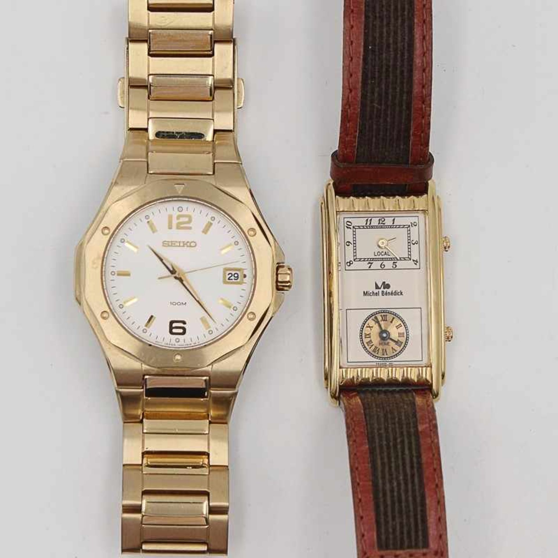 Konvolut 2 St., Armbanduhren, 1x Michel Bénédick, Lederarmband, u. 1x Seiko, Edelstahlarmband,