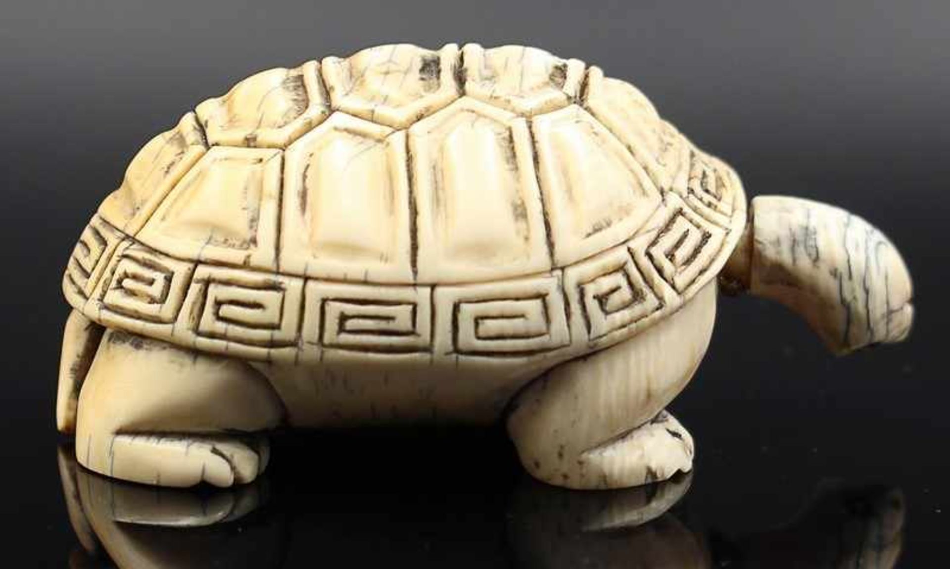 Figur - Tierplastik um 1900, vollplastische detailreiche Schnitzerei, Schildkröte, tlw. Risse, - Bild 3 aus 6