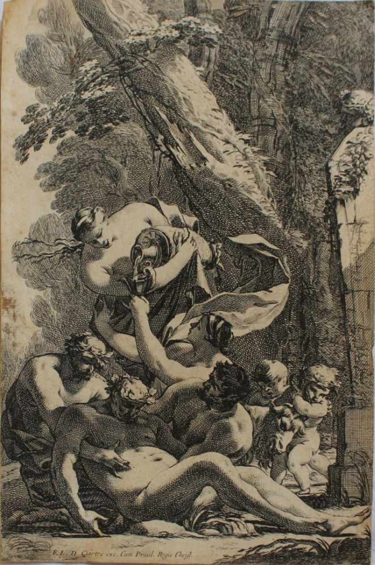 Unsigniert 18.Jh., "Bacchantische Szene", Kupferstich, eine Nymphe schenkt den Bacchanten Wein
