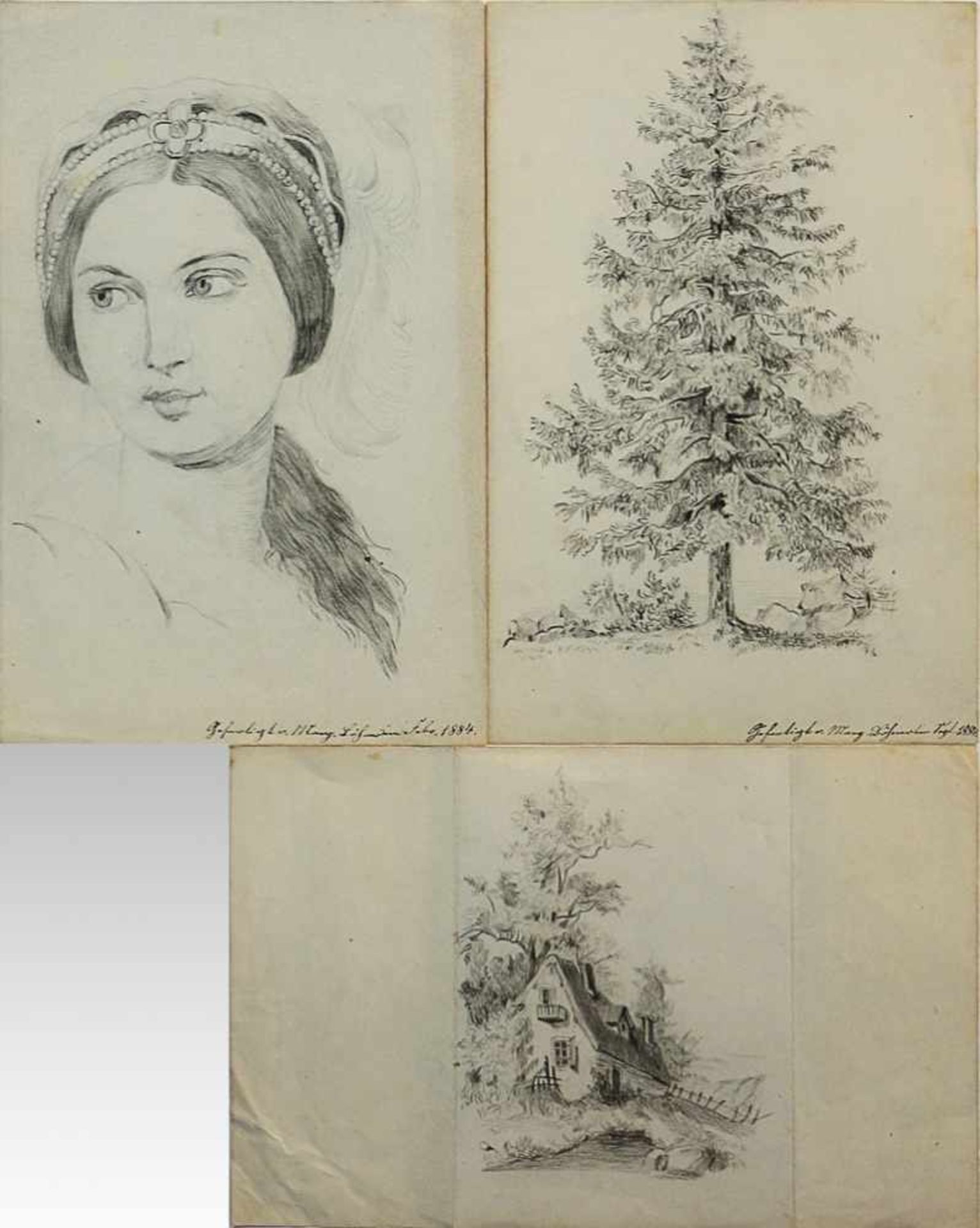 Konvolut 3 Bleistiftzeichnungen, "Frauenportrait", "Tannenbaum" u. "Häuschen", 2x un. unles. bez. "