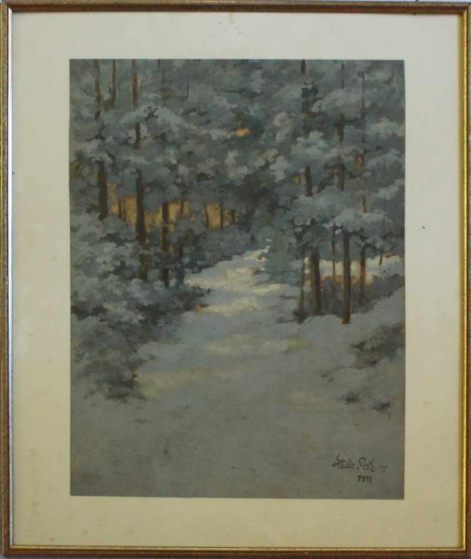 Peters, Hela 1885 Schwedt - 1973 Bonn, "Verschneiter Waldweg", Mischtechnik, kühle Farbpalette,