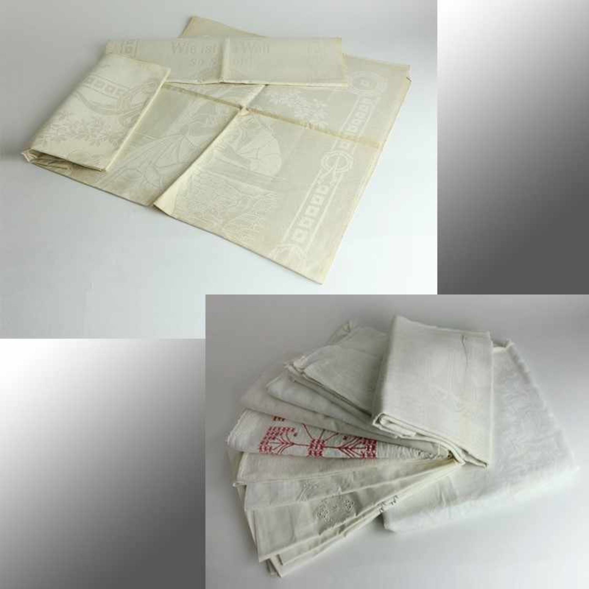 Wäsche - Konvolut um 1910, Leinendamast, Baumwolle, weiß, 1 Handtuch mit Tulpendekor, 1 Tafeltuch,