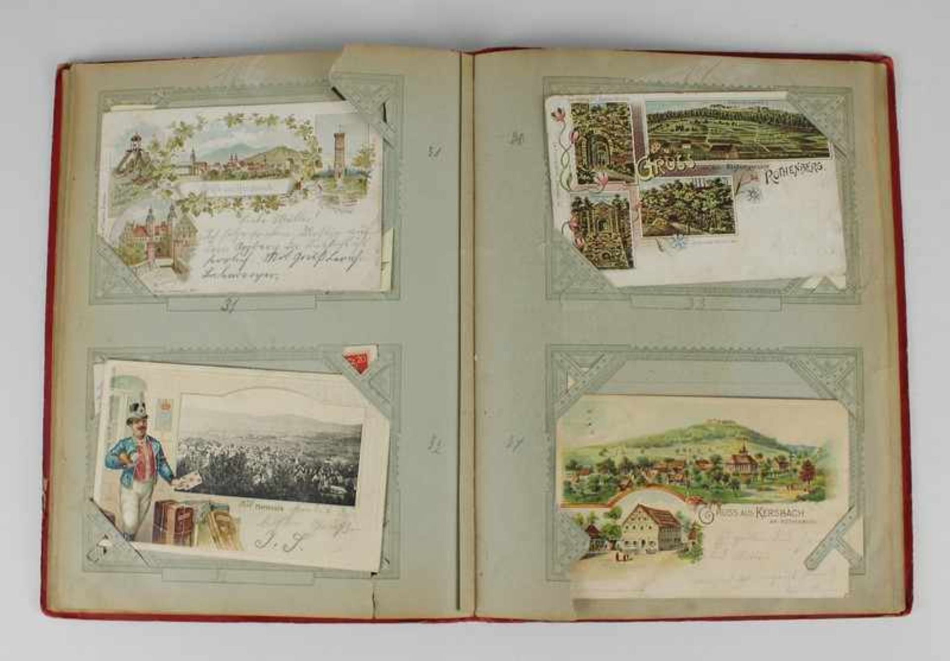Postkartenalbum um 1900/1910, 57 St., s/w u. farbig lithogr., dabei viele Gruß aus ...., geprägte