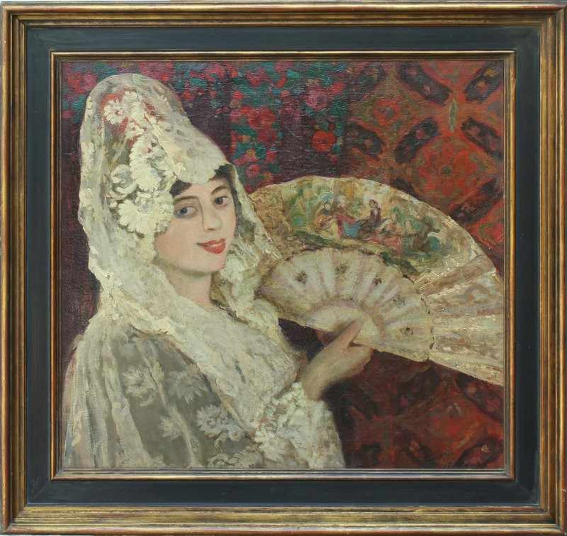 Unleserlich signiert um 1900, "Junge Dame mit Fächer", Öl/Lwd., kontrastreiche Farbpalette in Rot,