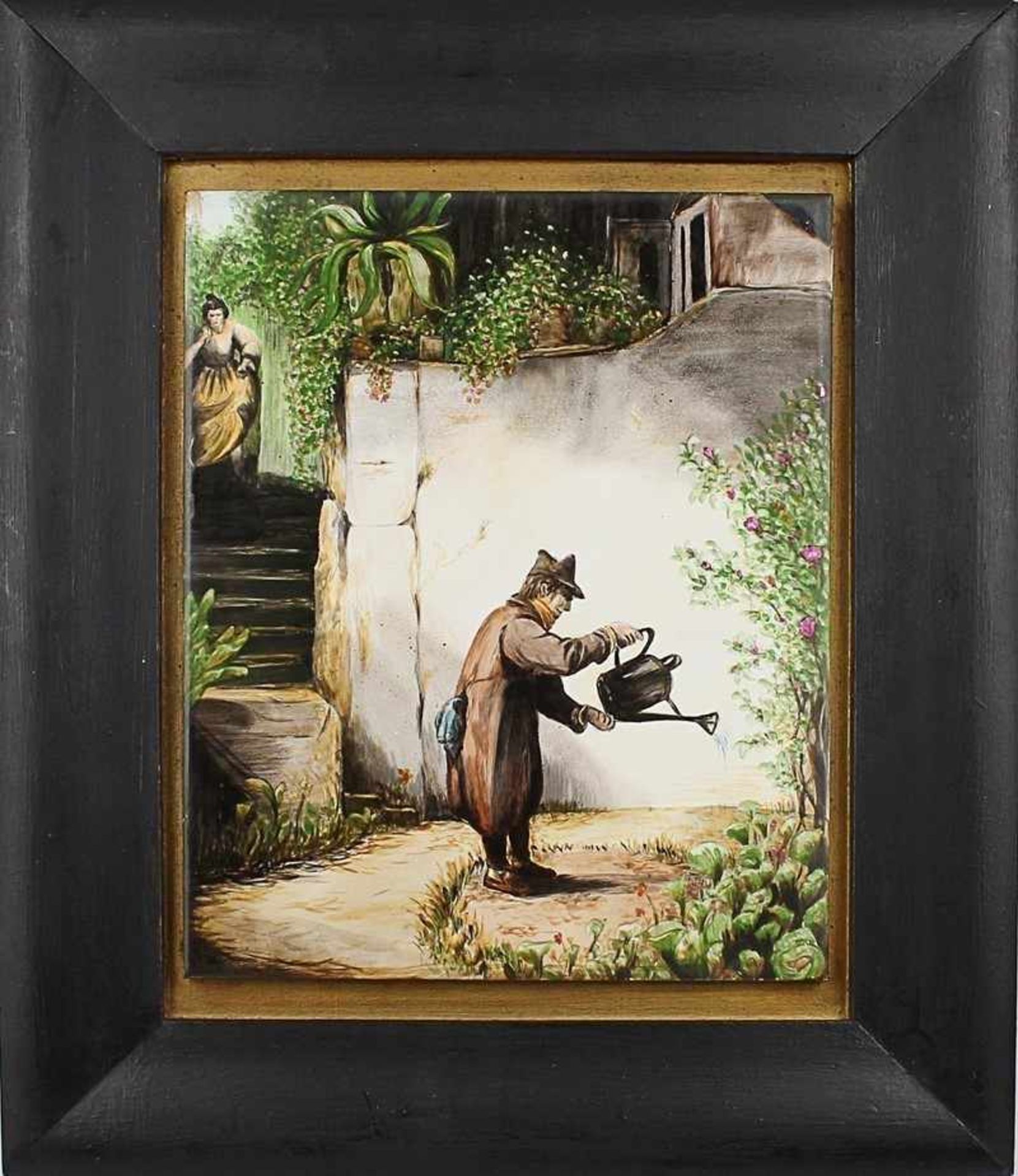 Bild hochrechteckiger Bildausschnitt, Kakteen gießender Herr im Garten, nach Motiven von Spitzweg,