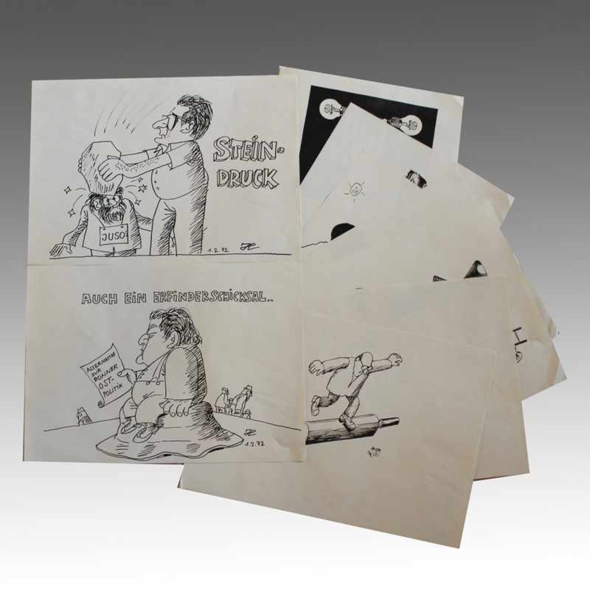 Karikaturen - Konvolut 6 Lithos., Ivan Steiger, Luis Murschetz, Ernst Hürlimann u.a., Drucktechniken