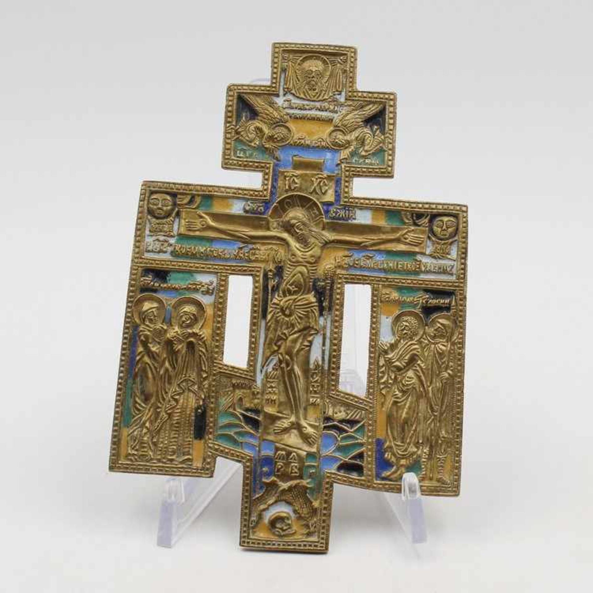 ReiseikoneRussland, Bronze/Messing, Emaille, reliefiert, durchbrochen, Kreuzigung mit