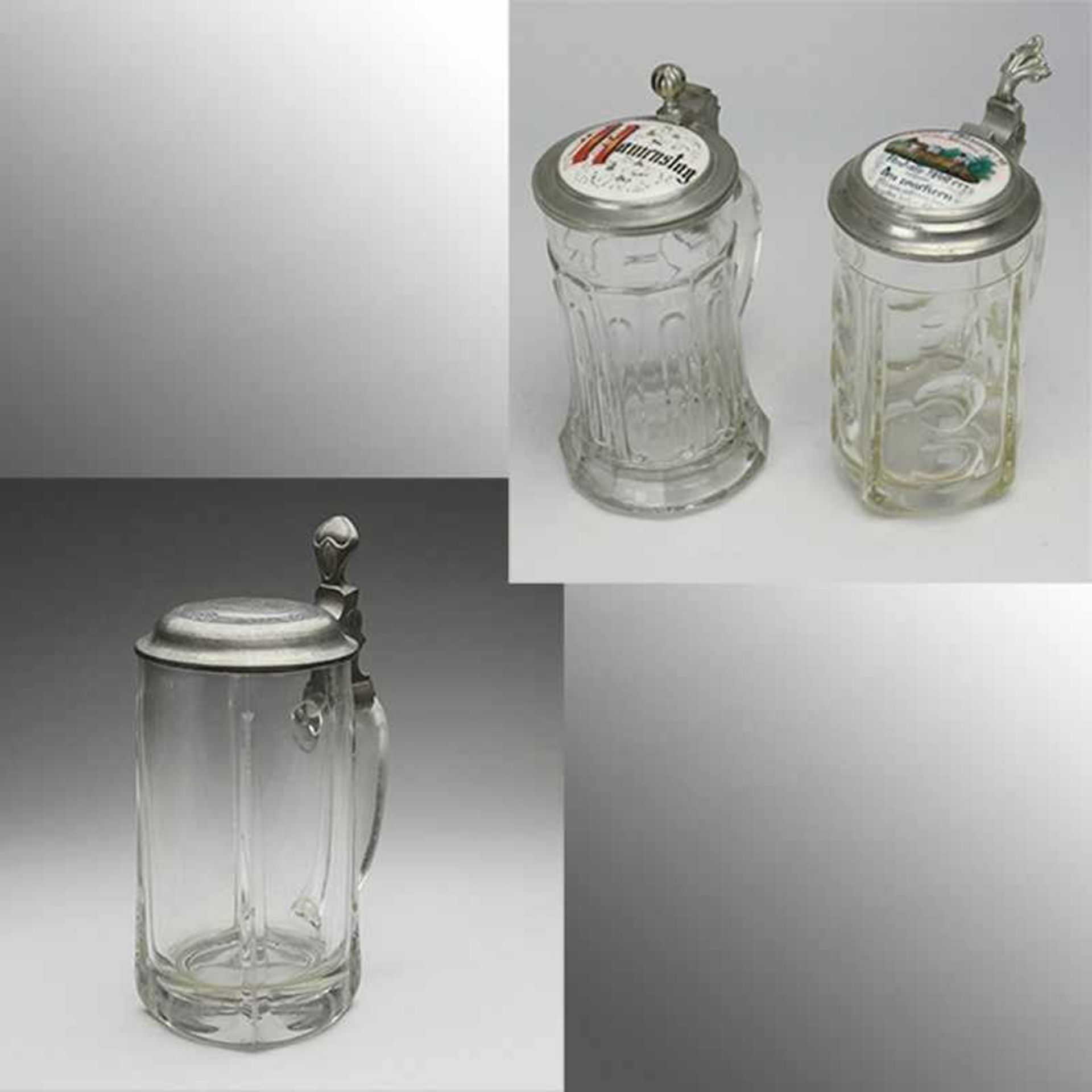 Bierkrügeum 1900, 3 St., 2x Walther, August & Söhne, farbloses, z.T. formgepresstes Glas, runder/