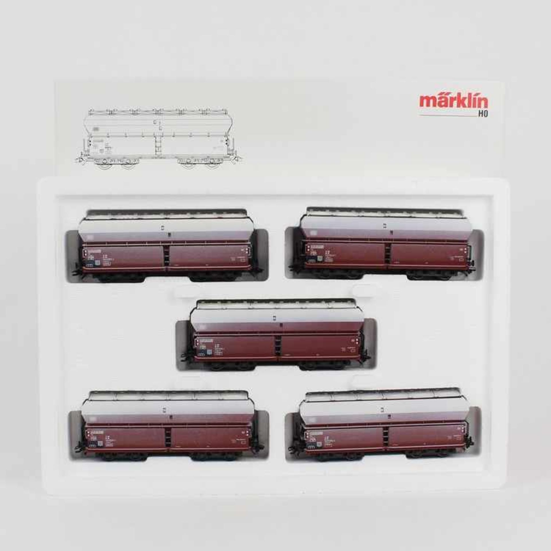 Märklin - EisenbahnWagen-Set, "Kalktransport", 46262, H0, 5 Selbstentladewagen mit Klappdeckel, 2-