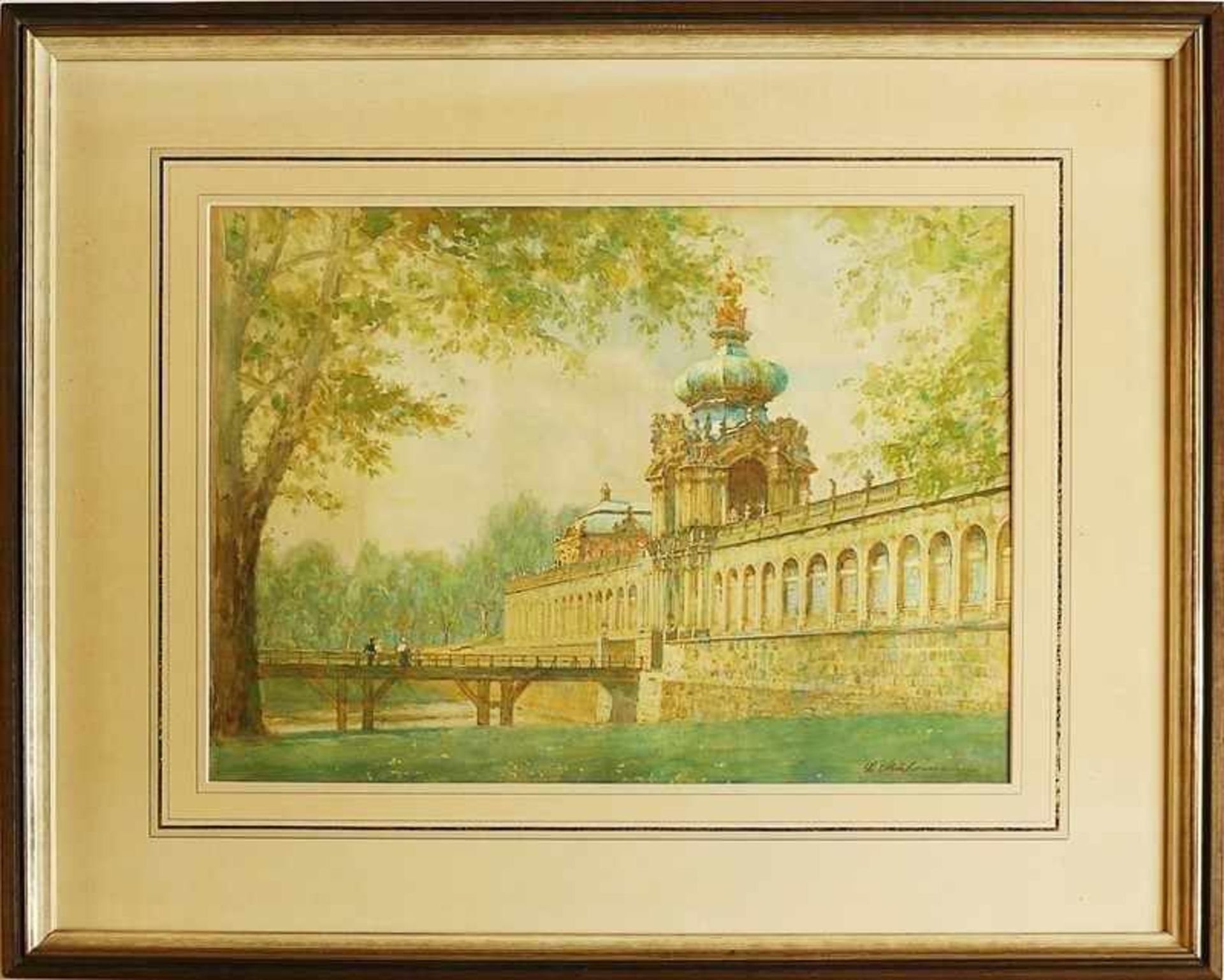 Unleserlich signiert"Blick auf den Zwinger in Dresden", Mischtechnik, pastelltonige Farbpalette,