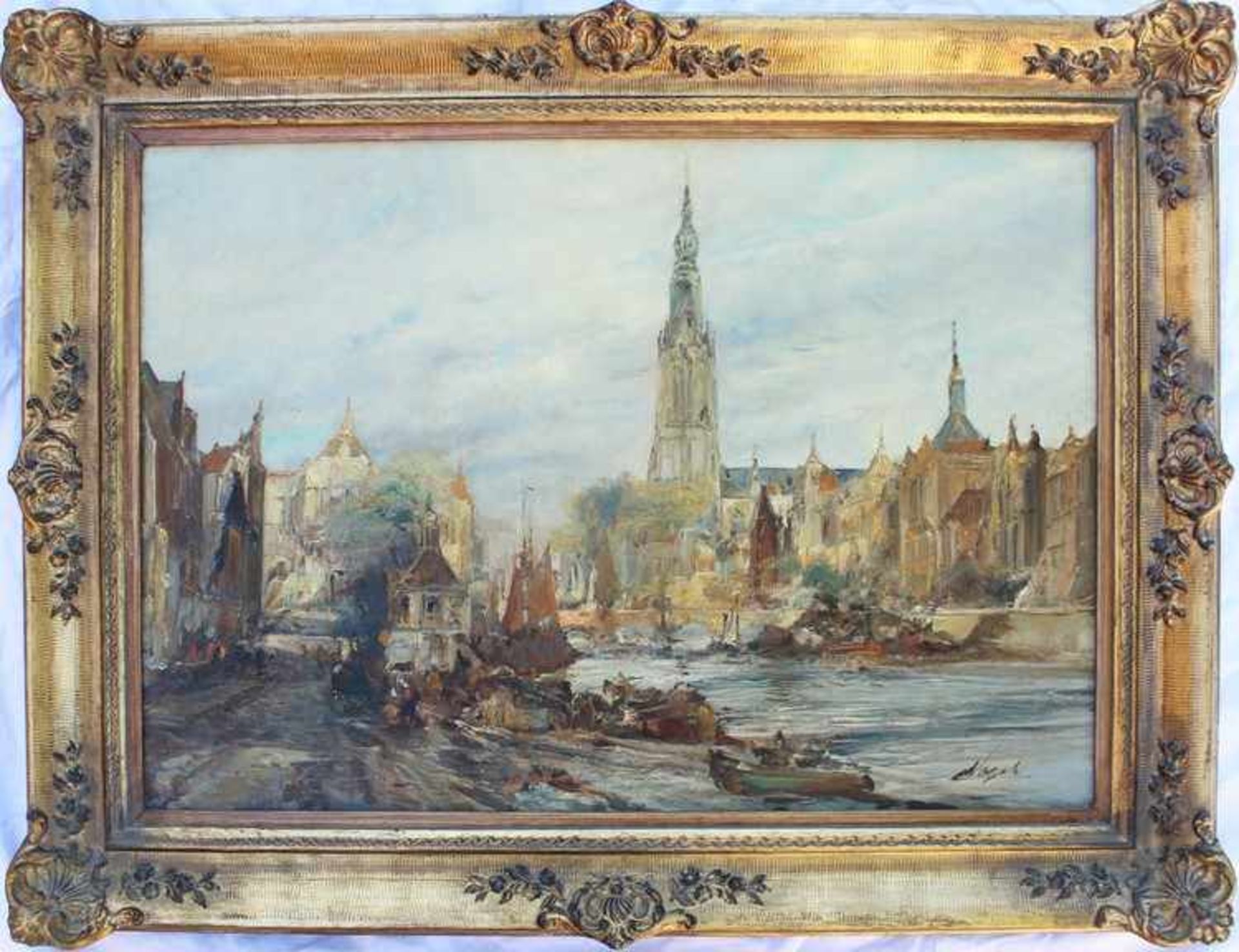 Vogel, M.um 1920, "Großstadt am Gewässer mit Kirchturm, Brücke und Booten", Öl/Lwd., pastelltonige