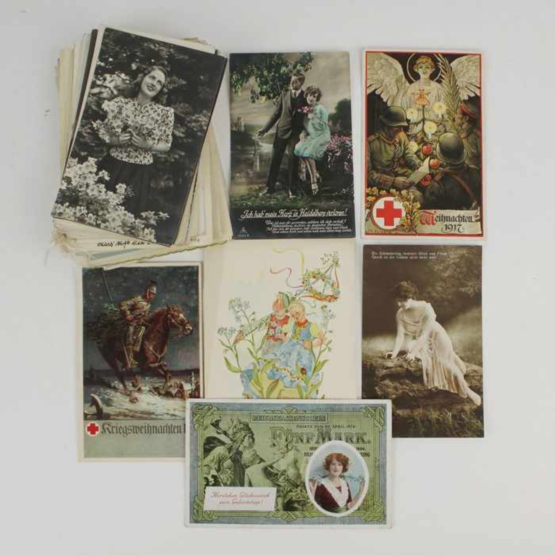 Postkarten - Glückwunschkartenab ca. 1910, ca. 50 St., s./w. u. farb. lithogr., Glückwunsch-,