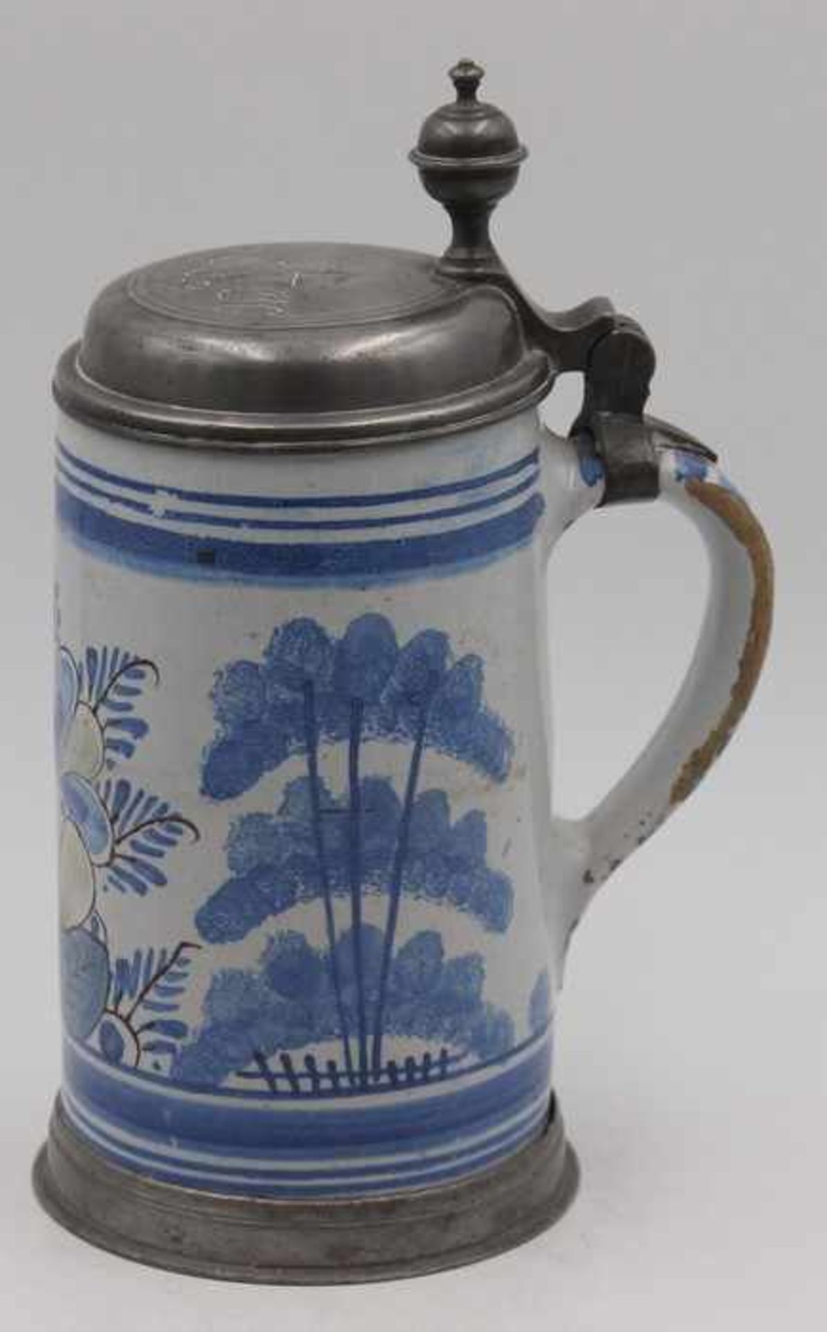 Fayence - Walzenkrug18. Jh., süddeutsch, heller Scherben, Schwämmelbäume u. Blumenmotiv, besch., - Bild 6 aus 6