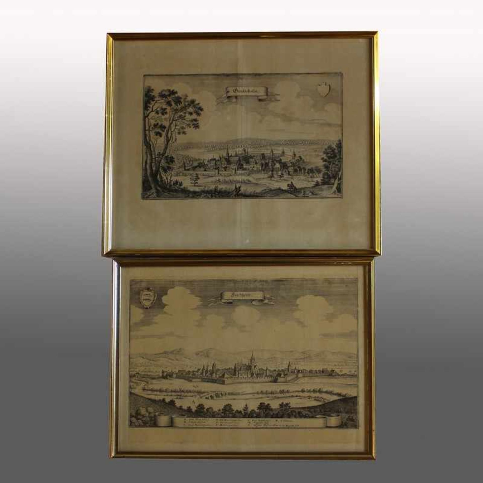 Ansichten - Merian, Matthäus1593 Basel - 1650 Schwalbach, 2 Kupferstiche, Stadtansichten bez. "