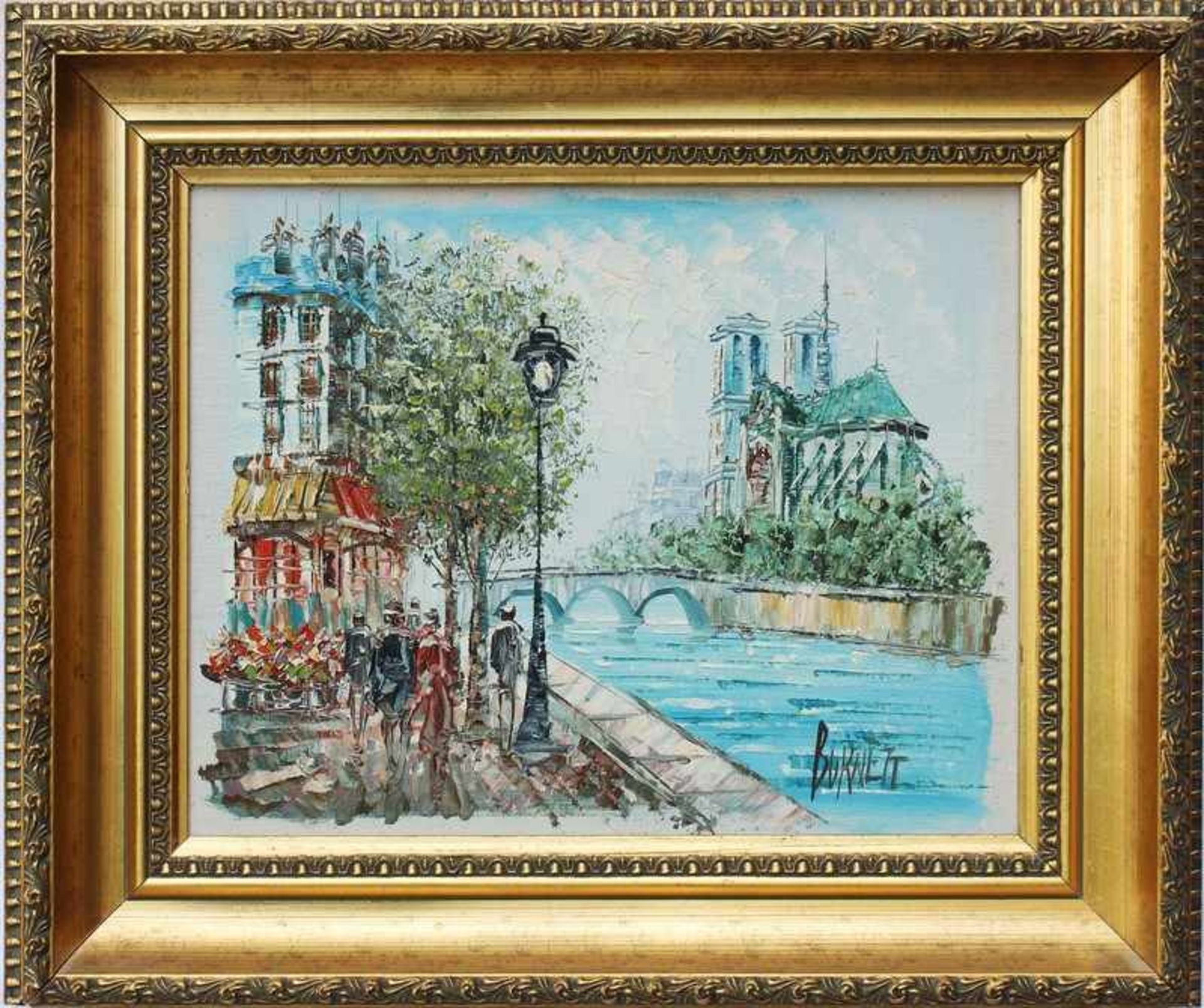 Burnett, Caroline20.Jh., "Pariser Straßenszene mit Notre-Dame", Öl/Hartfaser, Ansicht am