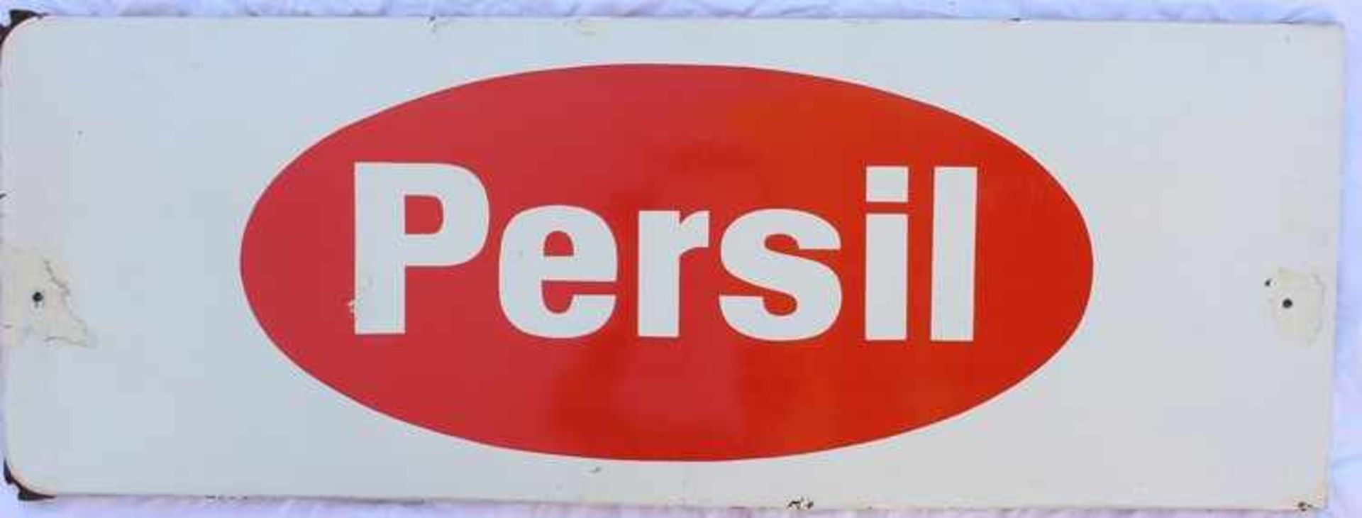 WerbeschildEmaille, "Persil", weiß/rot, querrechteckig, große übermalte Abplatzer, korr., min.