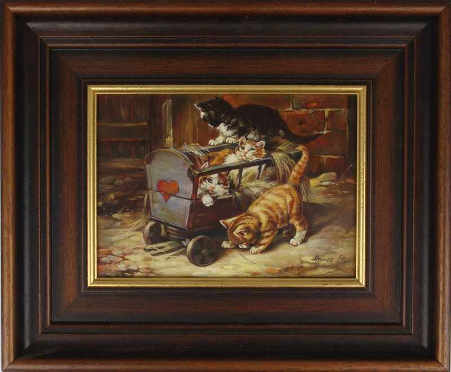 Heincz, Mariaungarische Malerin, "Vier Kätzchen im Holzwagen", Öl, wohl Lwd auf Holz gekl.,