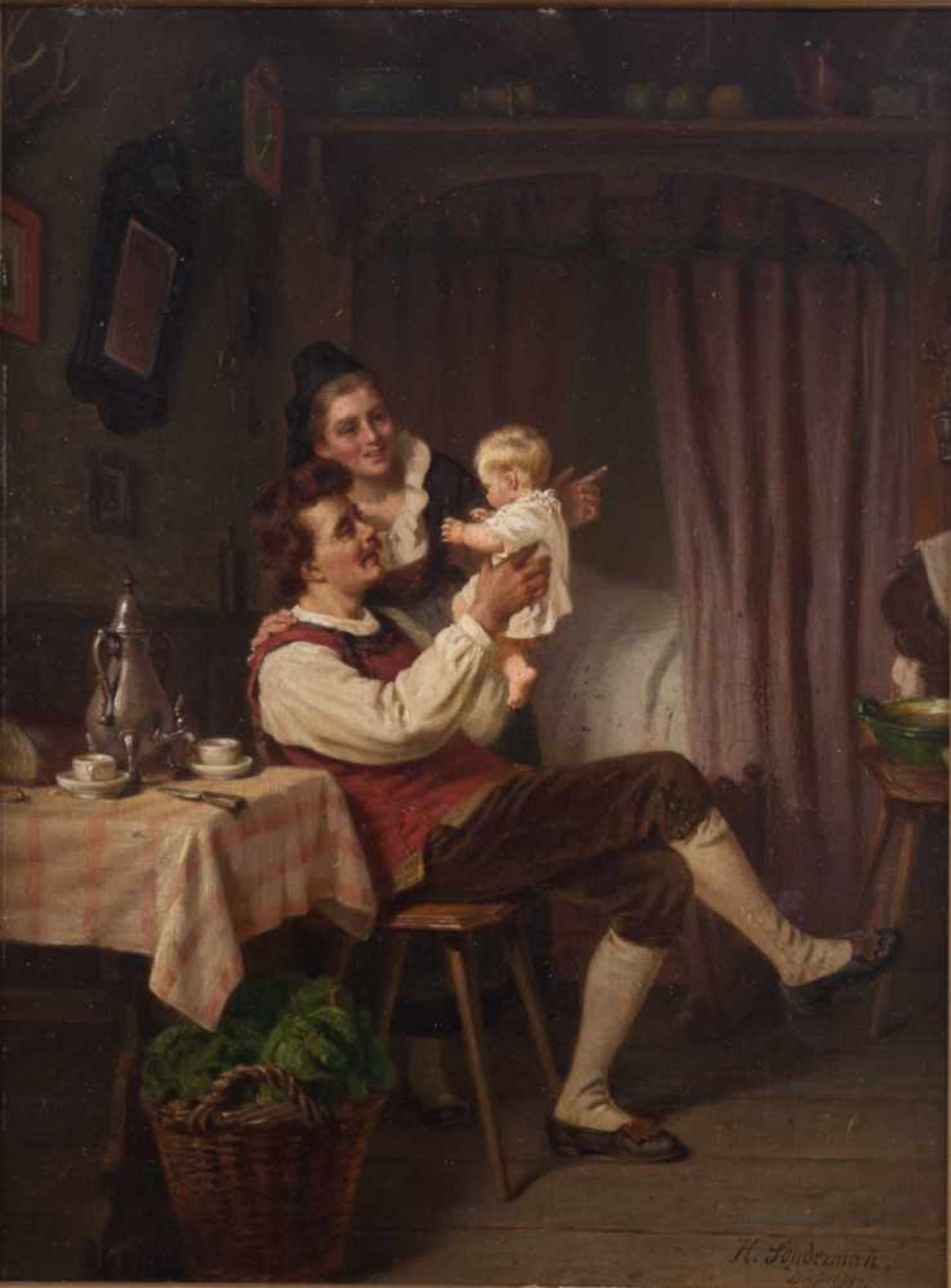 Hermann SONDERMANN (1832-1901) "Eine glückliche Familie" Gemälde Öl/Mahagoni Tafel, 31,5 cm x 23,5