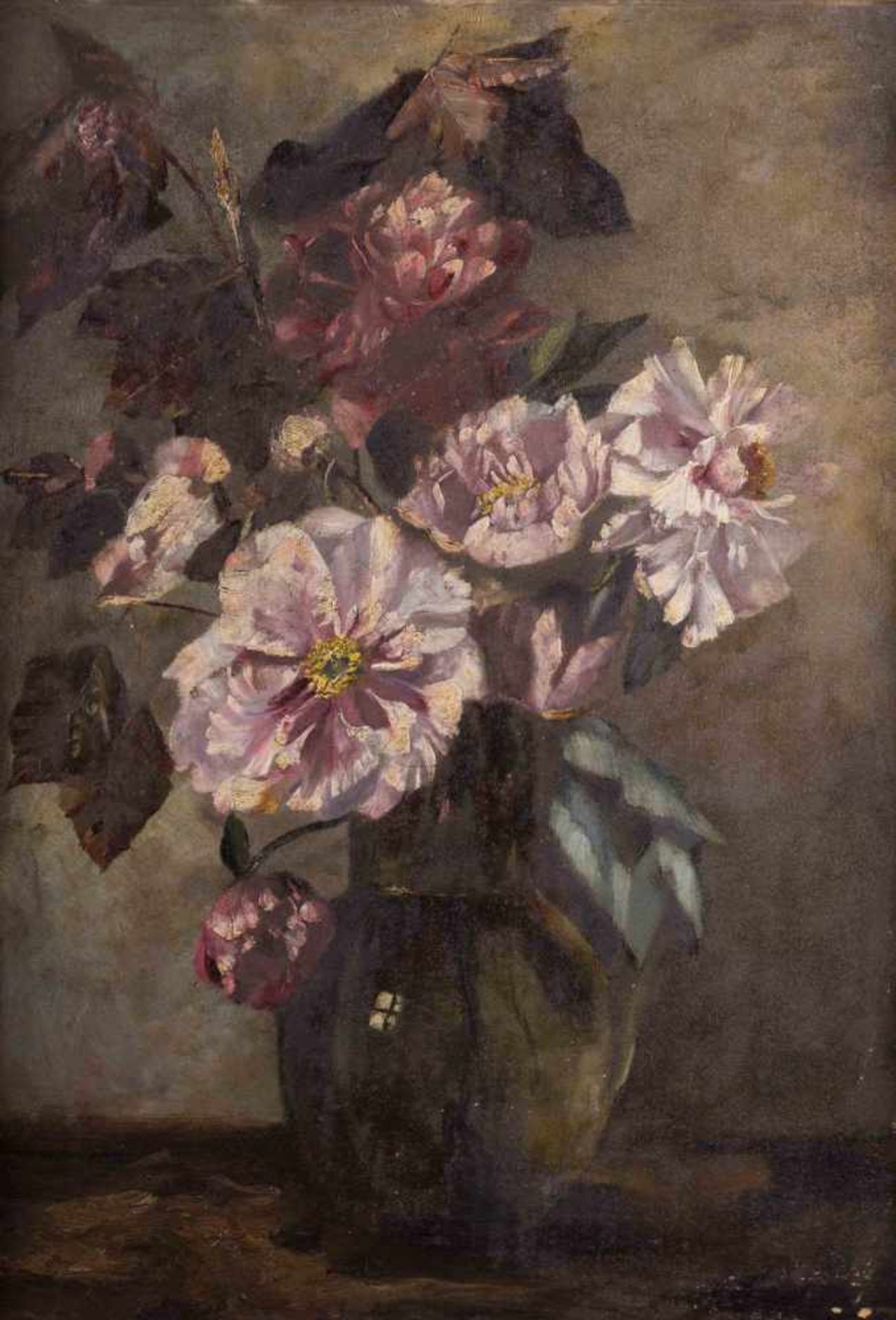 L. Friedme o.ä. 19./20. Jhd. "Blumenstillleben mit Pfingstrosen" Gemälde Öl/Malkarton, 70 cm x 50