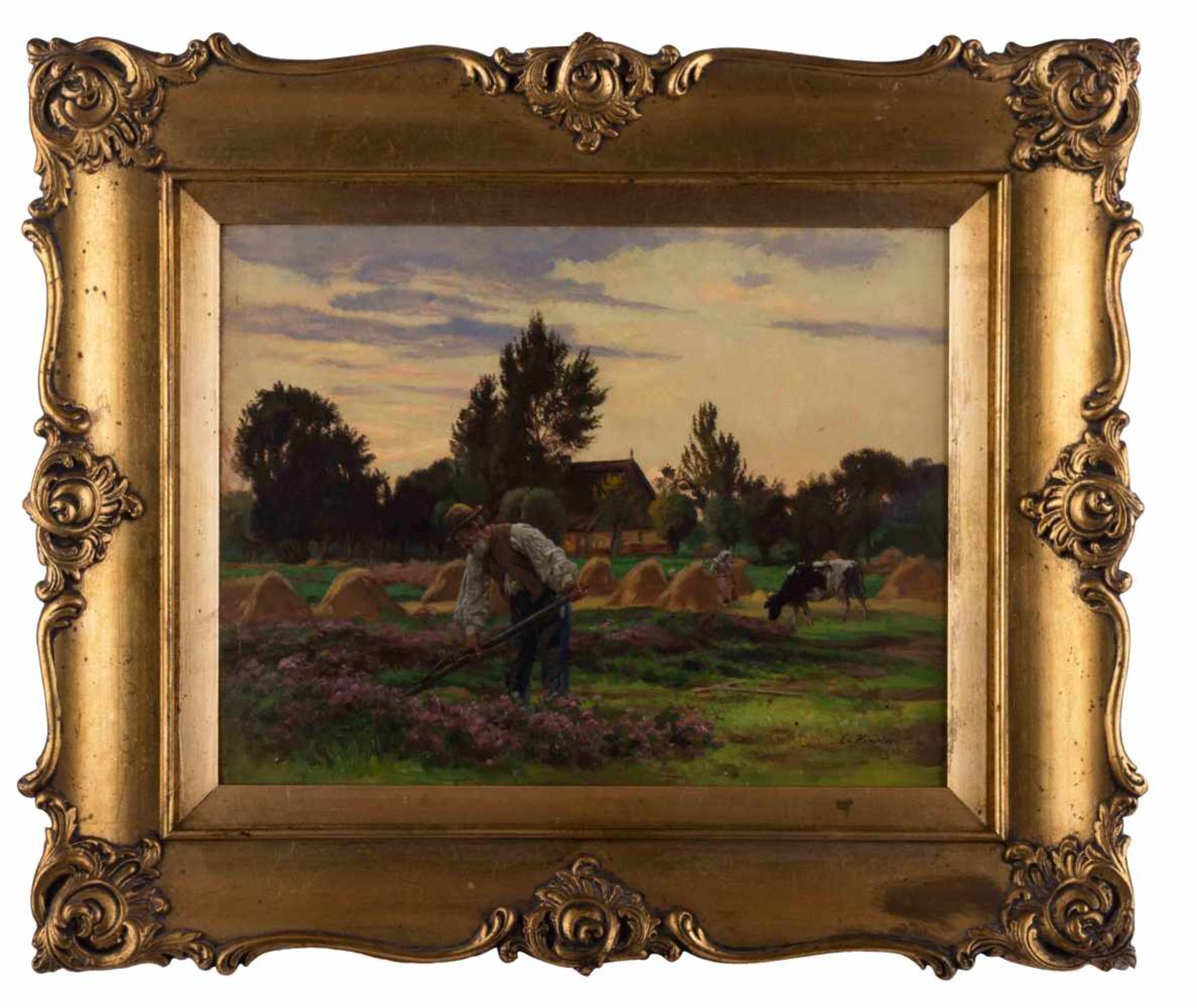 Ernst HENSELER (1852-1940) "Bei der Heuernte in Zehlendorf" Gemälde Öl/Holz, 28 cm x 37 cm, rechts - Bild 2 aus 7