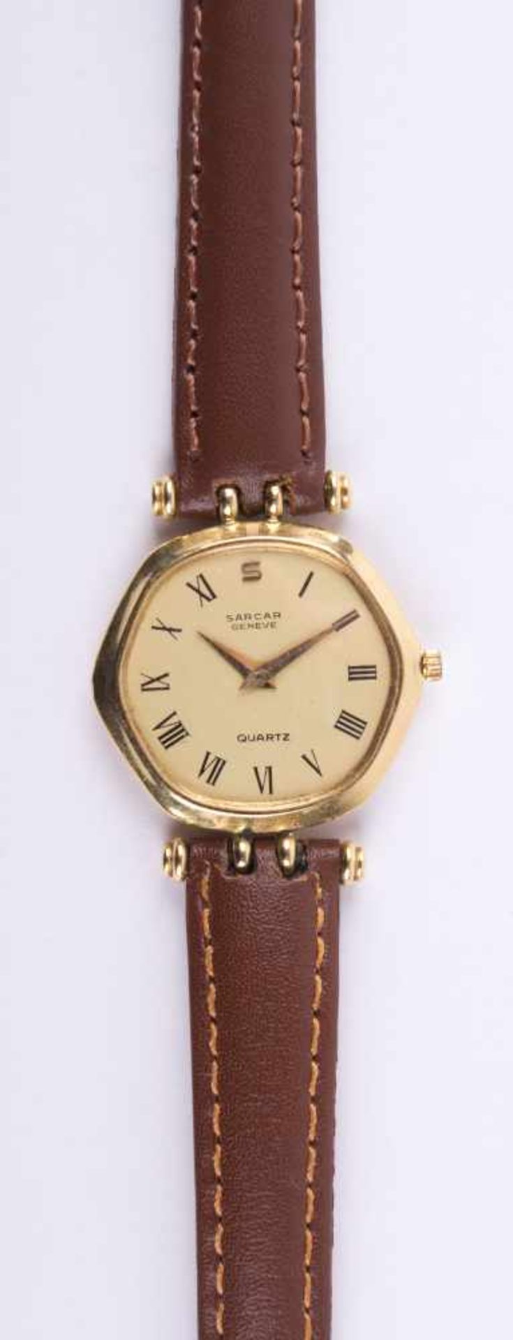 Damen Armbanduhr Sarcar Geneve / Women´s wristwatch GG 750/000, innen im Deckel punziert, Quarzwerk,