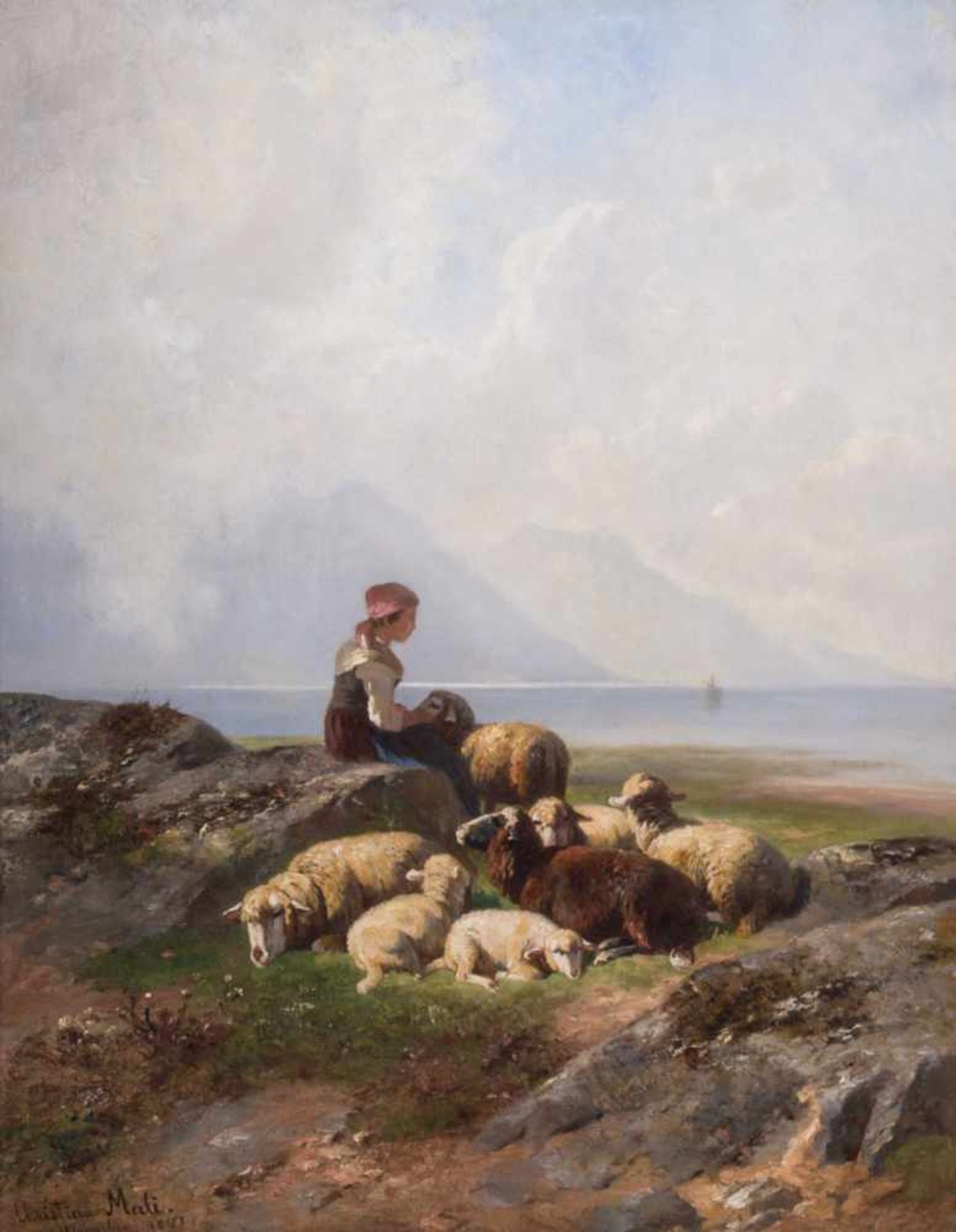 Christian Friedrich MALI (1832-1906) "Rastende Schäferin mit Ihrer Herde am Chiemsee" Gemälde Öl/