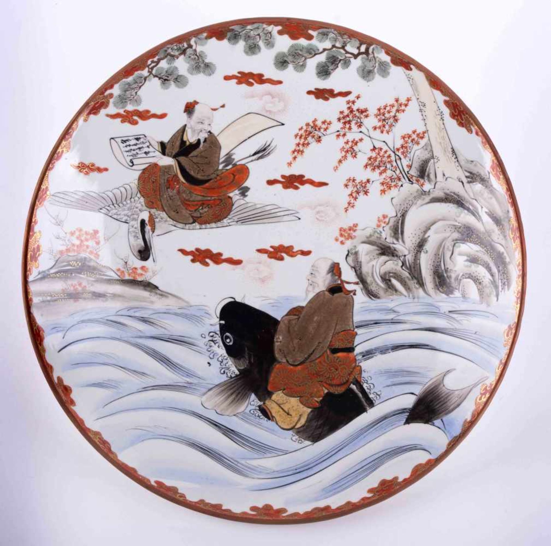 großer Teller Japan 19. Jhd./ Large plate, Japan 19th century farbig und goldstaffiert, unterm Stand