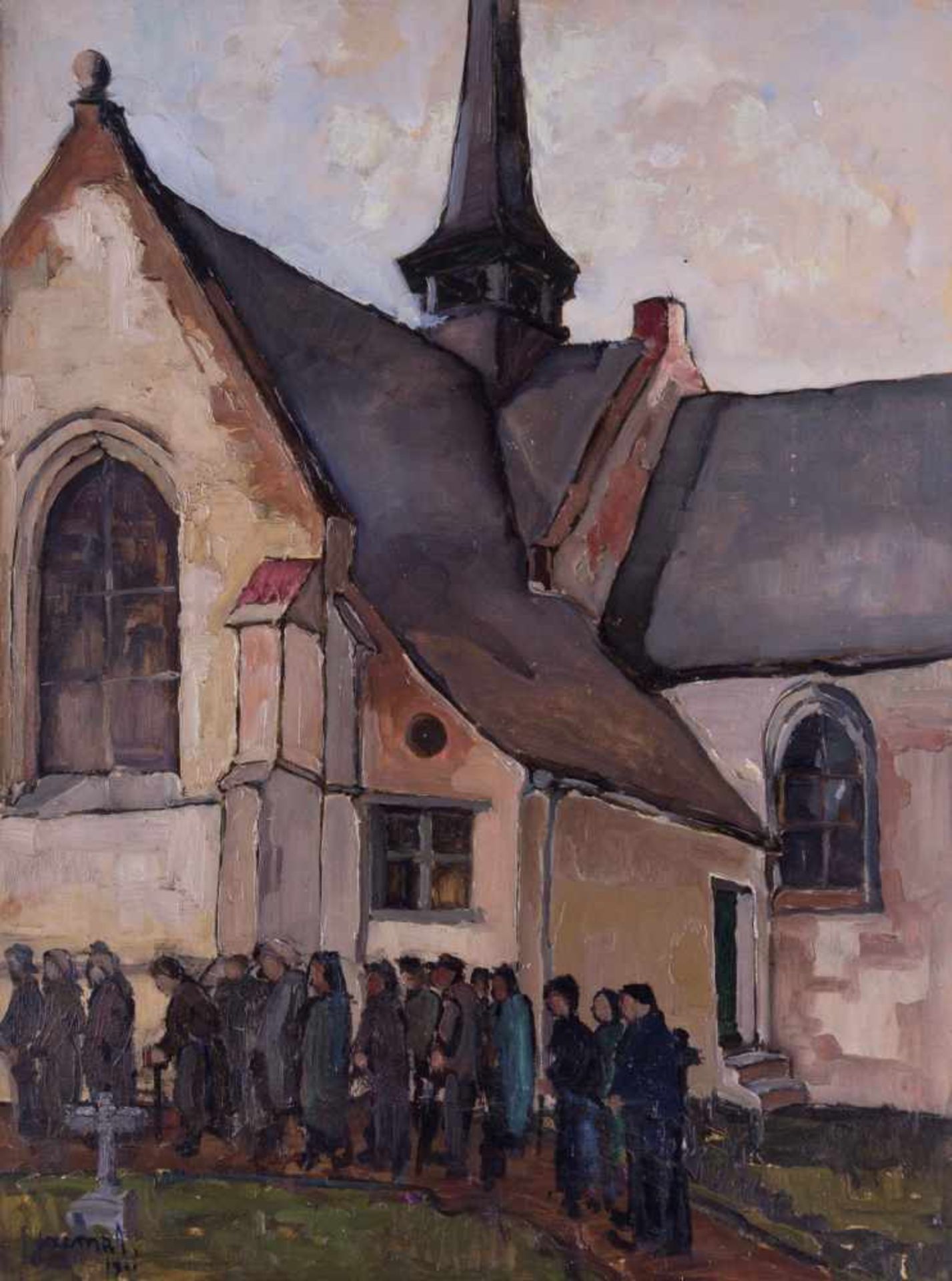 Jacques MAHY (1913-1981) "Kirchgang" Gemälde Öl/Malkarton, 78 cm x 54 cm, links unten signiert und